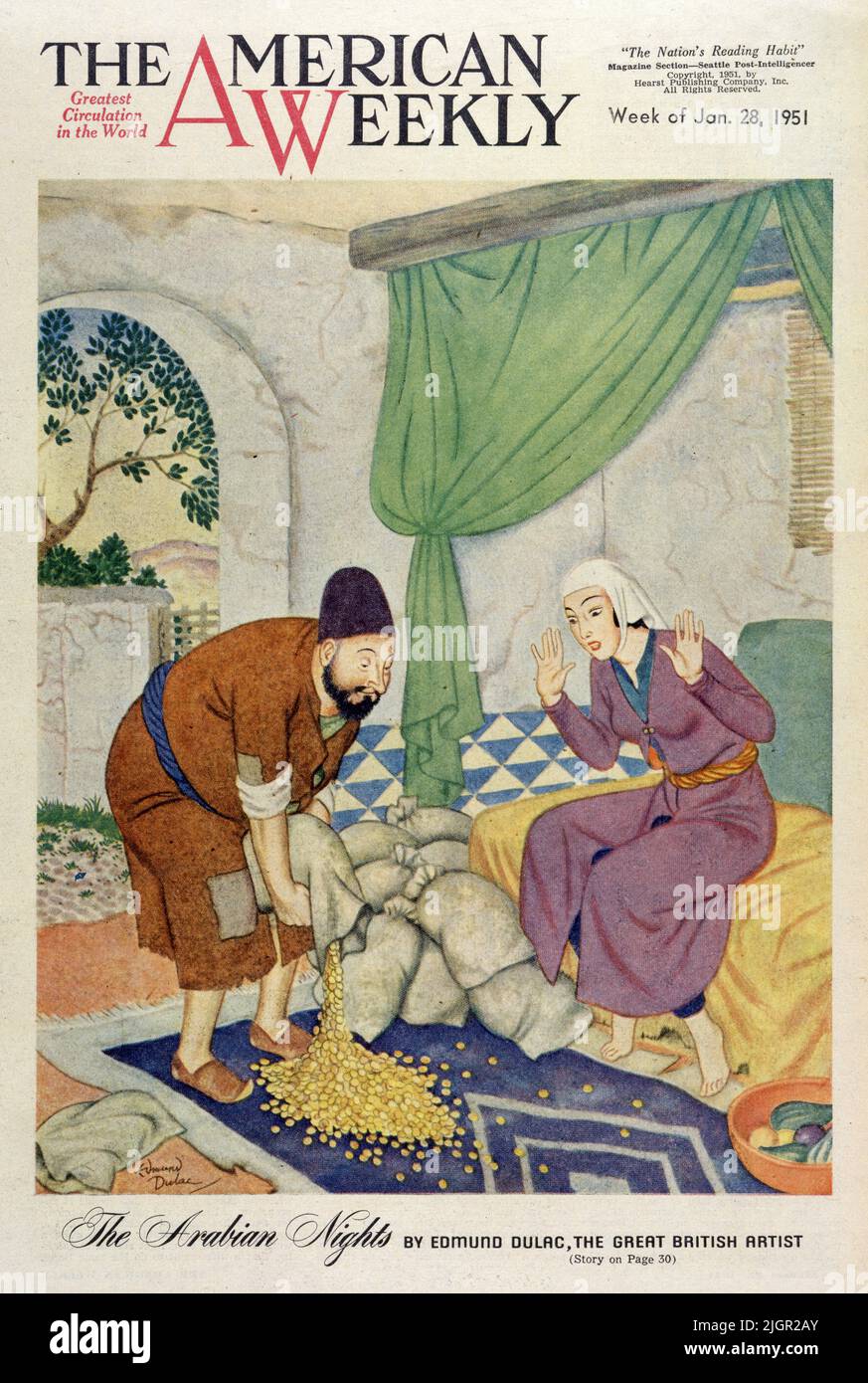"Ali Baba dumps bags of gold before his amazed wife" published on January 28,1951 in the American Weekly Sunday magazine painted by Edmund Dulac for the series "Tales from the Arabian Nights." Stock Photo