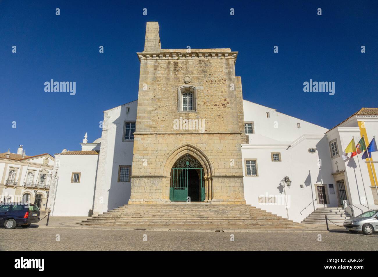 The Cathedral of Saint Mary (Sé de Faro), Bell Clock Tower Cathedral Of Faro Is A National Monument of Portugal, Faro Cathedral Stock Photo