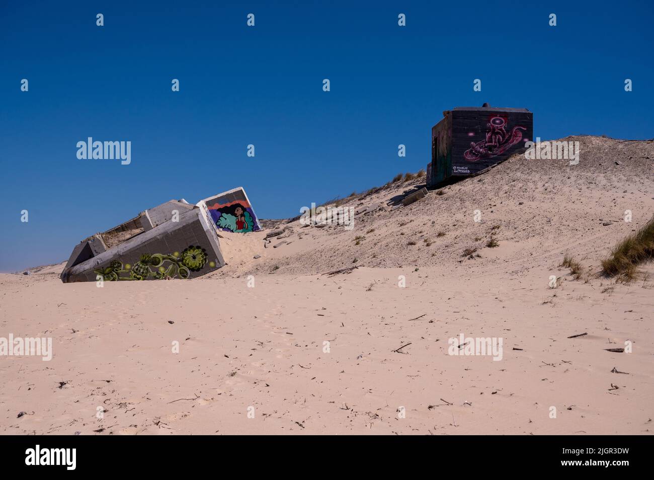Beach at Cap Ferret with German second world war bunkers Stock Photo