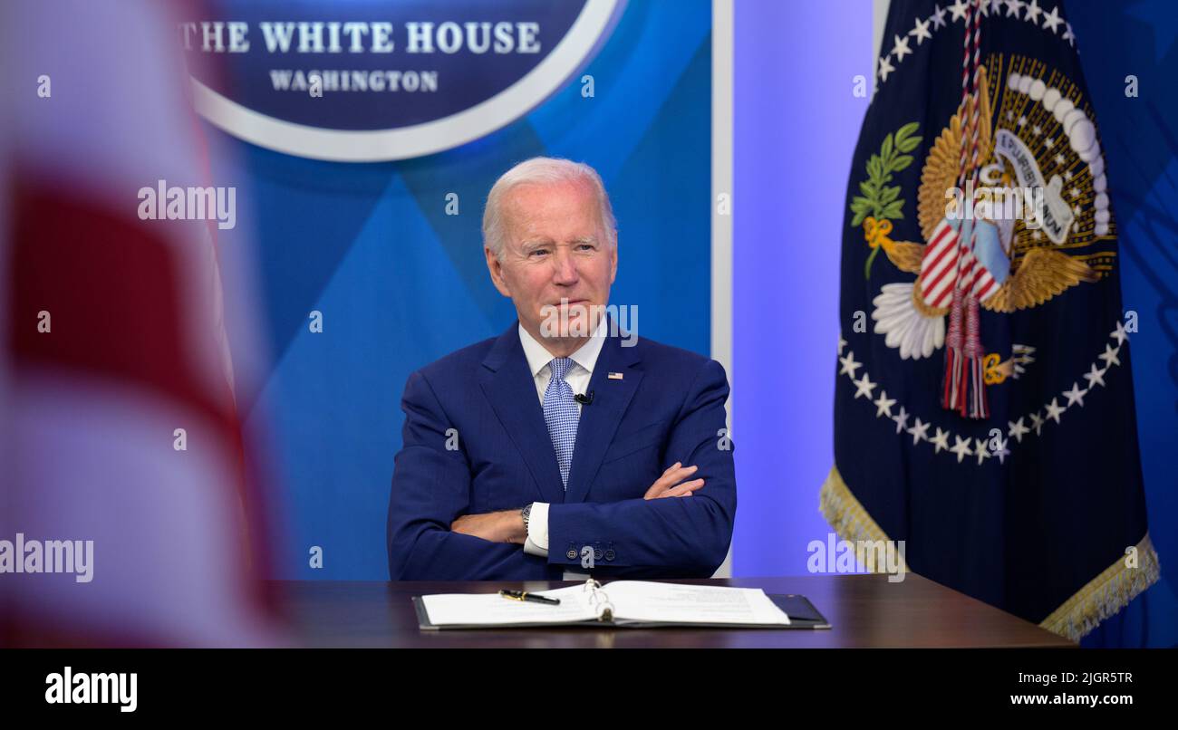Washington, United States Of America. 11th July, 2022. Washington, United States of America. 11 July, 2022. U.S. President Joe Biden listens to NASA experts as he previews the first full-color image from the NASA James Webb Space Telescope during an online event, from the South Court Auditorium in the Eisenhower Executive Office Building at the White House, July 11, 2022, in Washington, DC Credit: Bill Ingalls/NASA/Alamy Live News Stock Photo