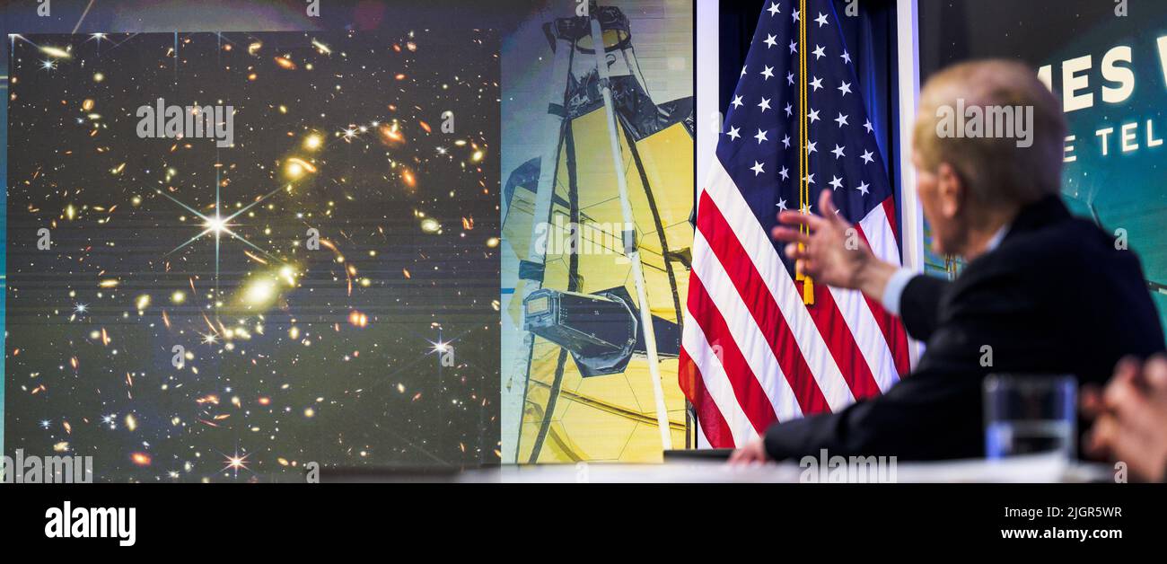 Washington, United States Of America. 11th July, 2022. Washington, United States of America. 11 July, 2022. NASA Administrator Bill Nelson describes the first full-color image taken by the NASA James Webb Space Telescope during an online event, from the South Court Auditorium in the Eisenhower Executive Office Building at the White House, July 11, 2022, in Washington, DC Credit: Bill Ingalls/NASA/Alamy Live News Stock Photo