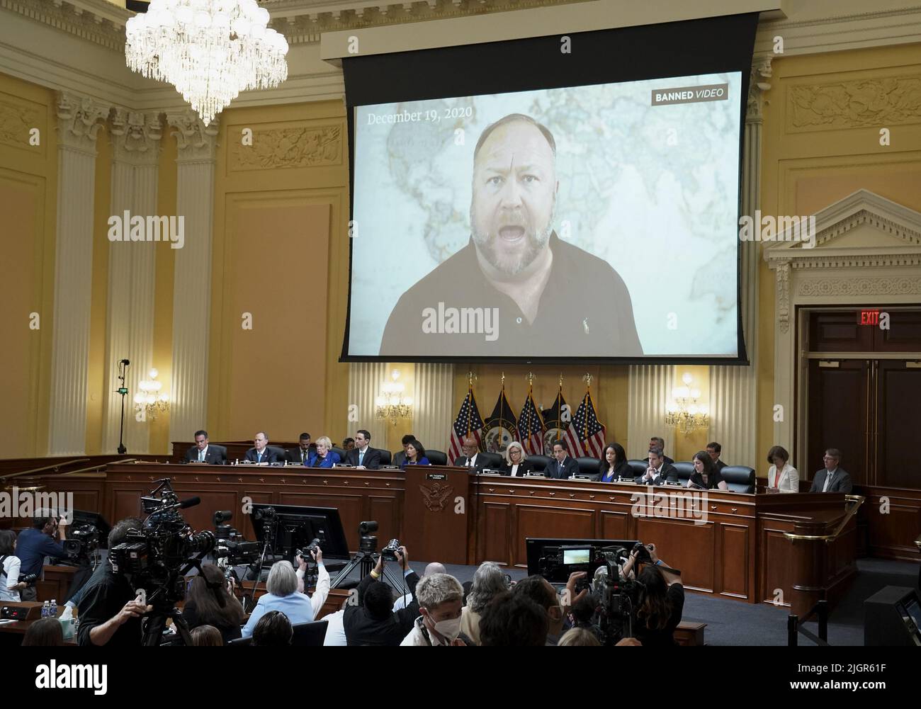 Washington, United States. 12th July, 2022. Right-Wing Media Personality Alex Jones is seen on a video screen during a public hearing of the U.S. House Select Committee to investigate the January 6 Attack on the U.S. Capitol on Capitol Hill in Washington, DC on Tuesday, July 12, 2022. Pool Photo by Sarah Silbiger/UPI Credit: UPI/Alamy Live News Stock Photo