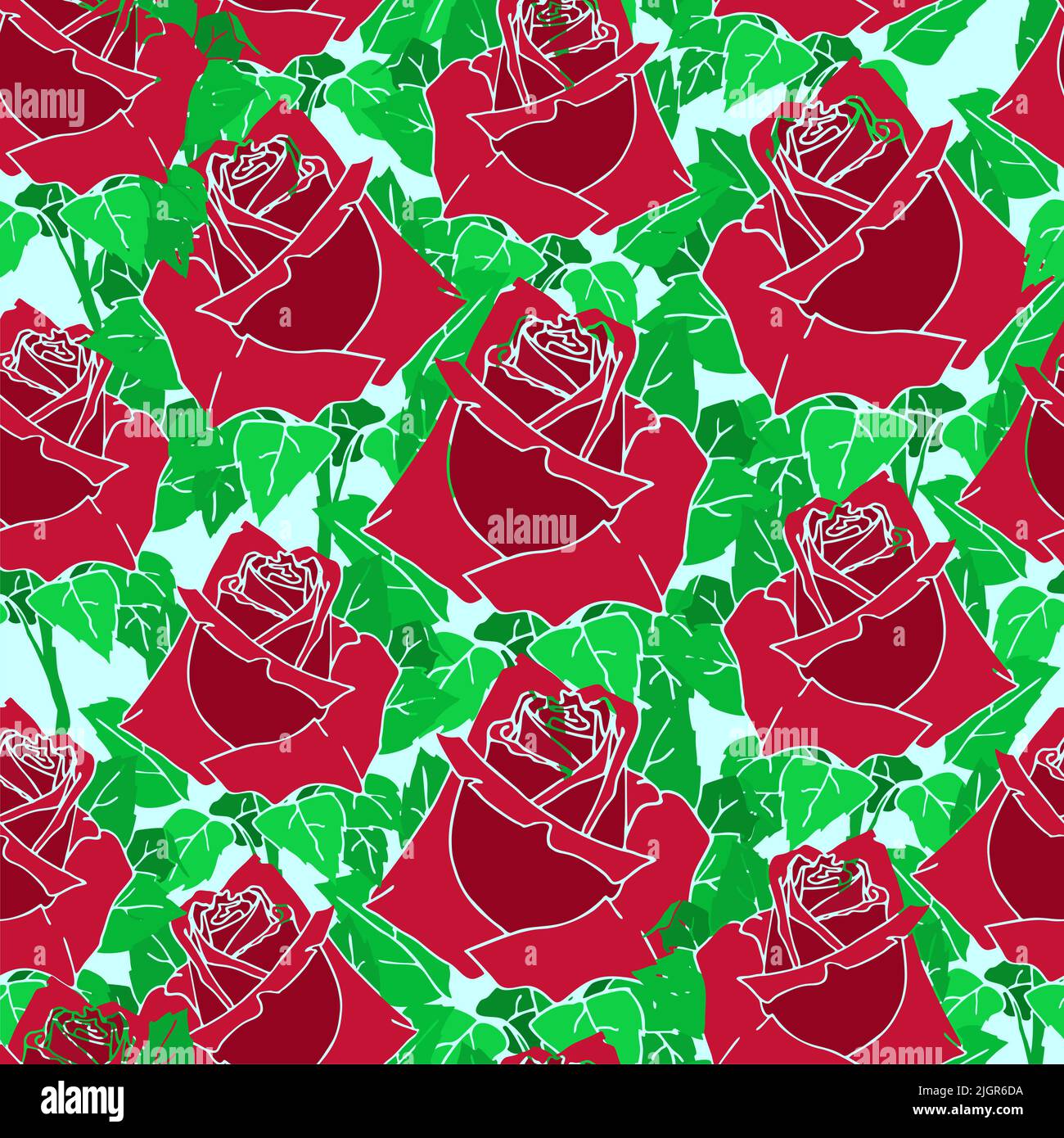 seamless pattern of large red rose buds with leaves on a light green ...