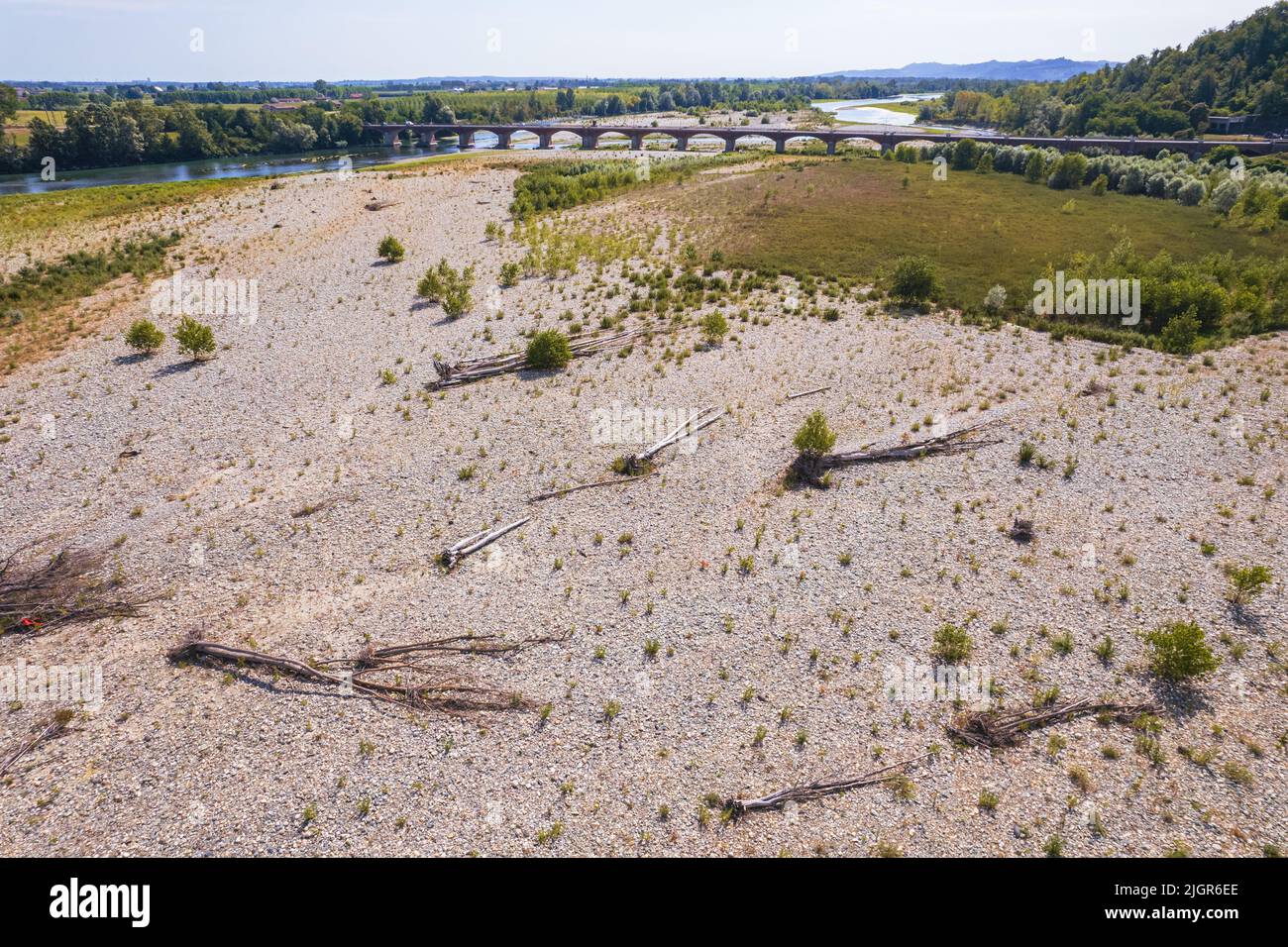 Unprecedented drought in the Po River due to long lack of rainfall. Verrua Savoia, Italy - July 2022 Stock Photo
