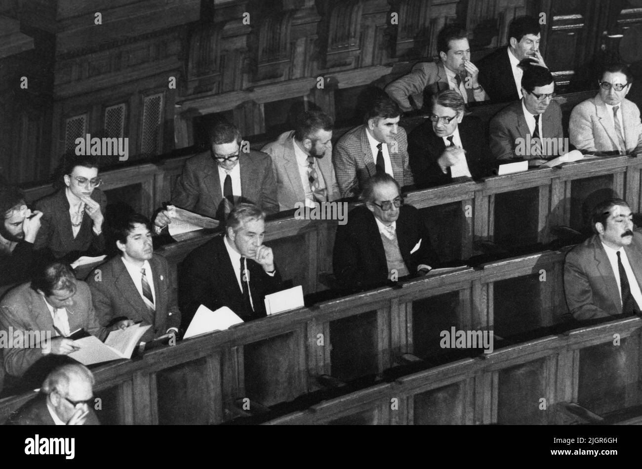 Members of the Romanian Parliament during session in 1990, the first legislature after the fall of the communist regime. Stock Photo