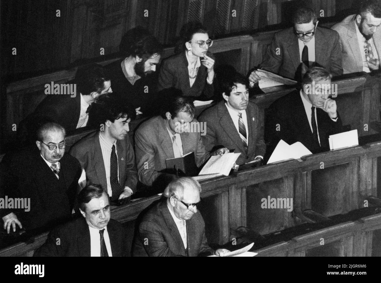 Members of the Romanian Parliament during session in 1990, the first legislature after the fall of the communist regime. Stock Photo