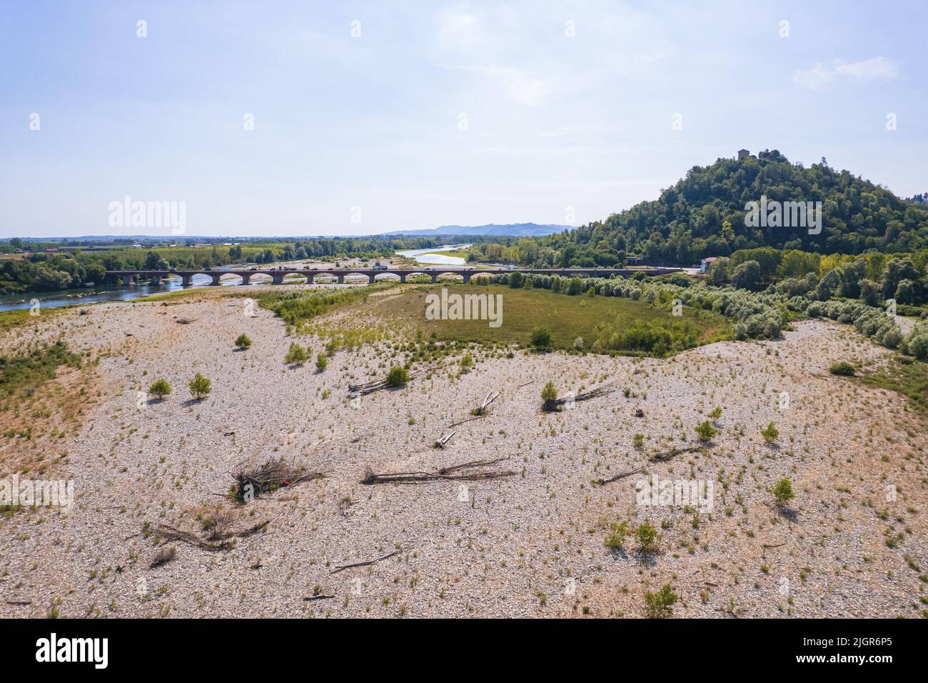 Unprecedented drought in the Po River due to long lack of rainfall. Verrua Savoia, Italy - July 2022 Stock Photo
