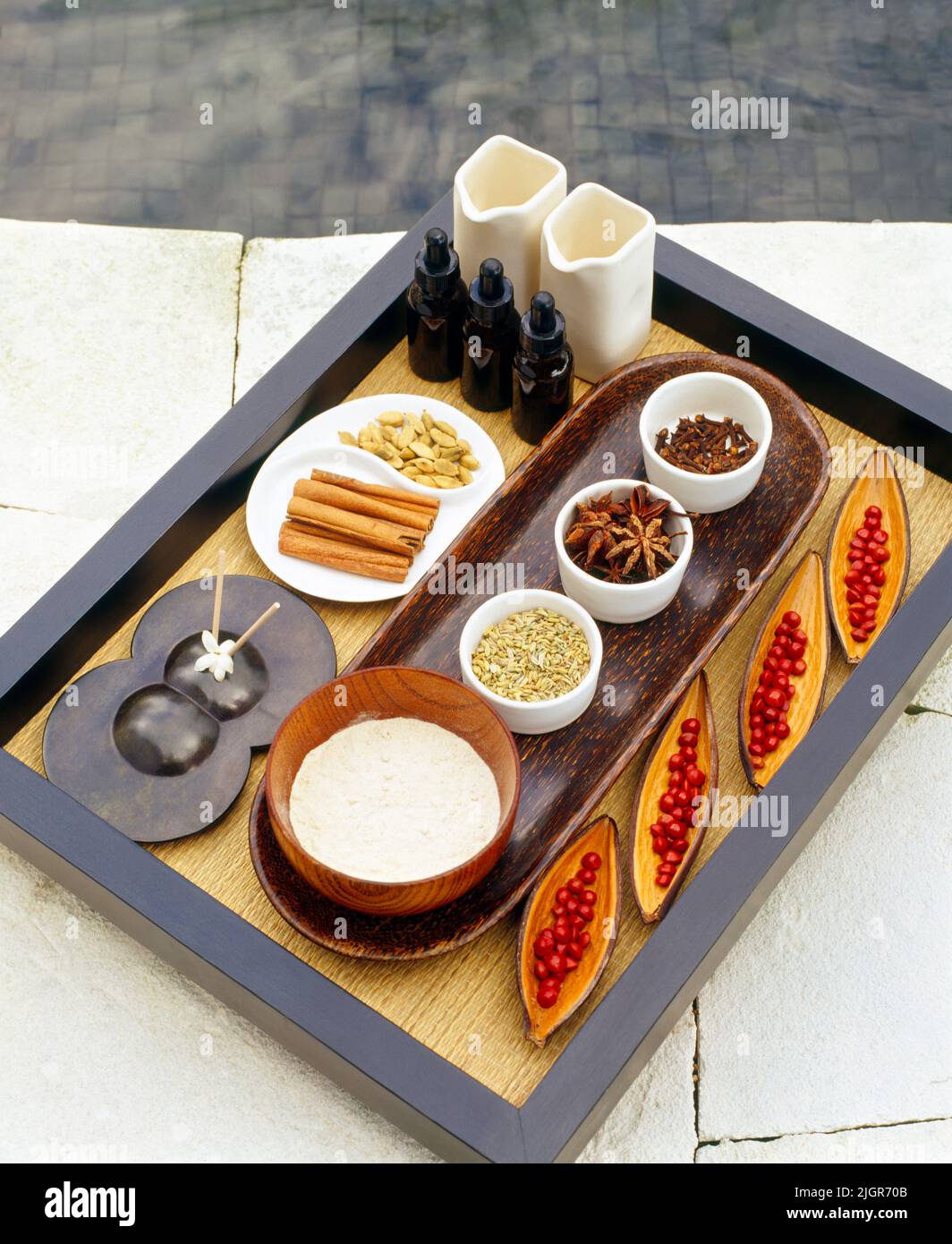 Tray of herbs and spices for a spa treatment. Parrot Cay, Turks and Caicos. Stock Photo