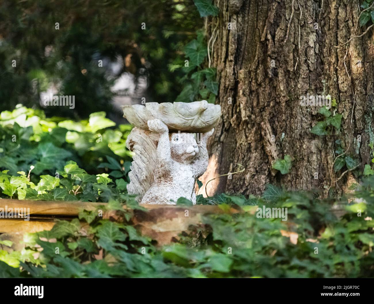A garden statue of a squirrel carrying a dish on its head in the woods