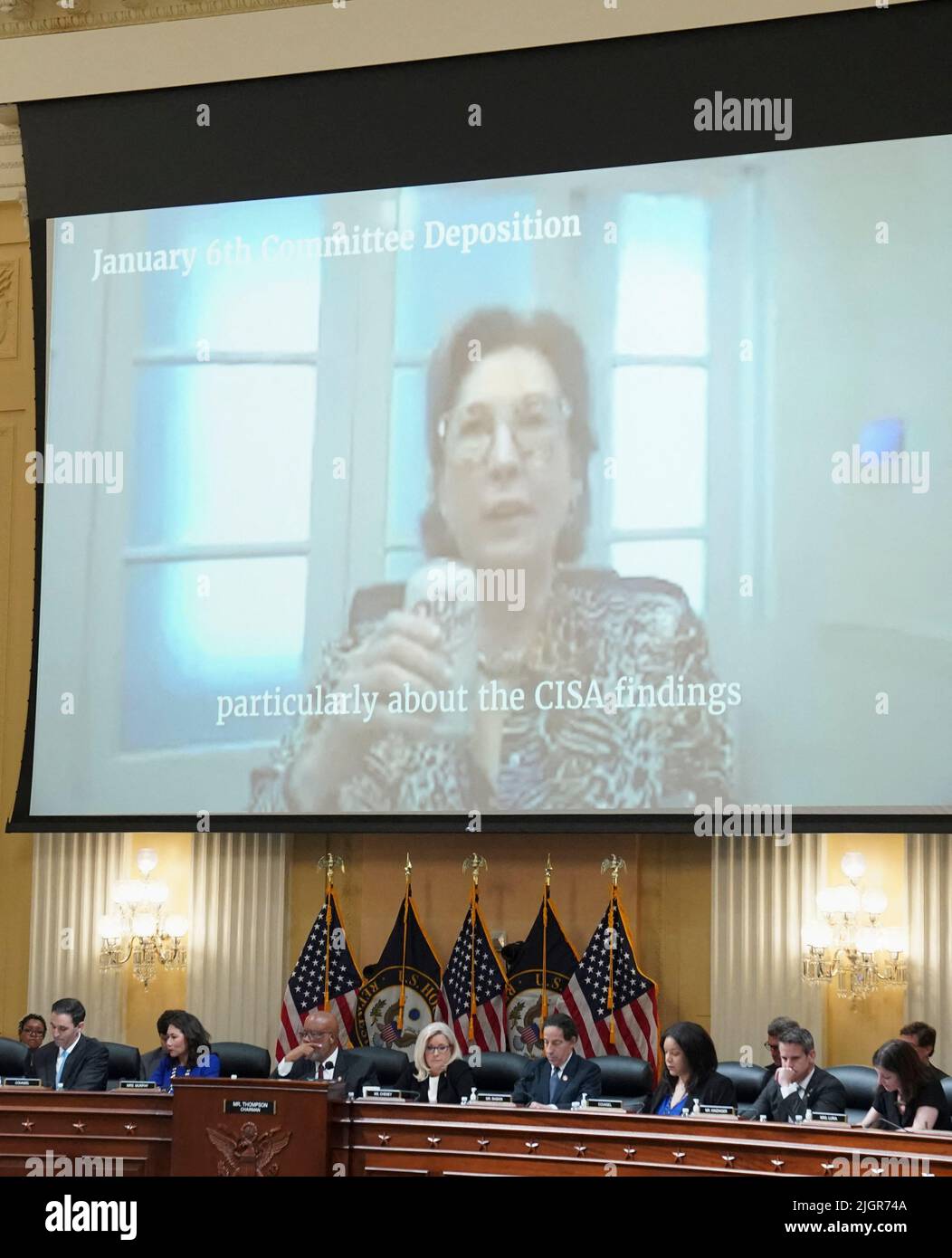 Attorney Sidney Powell is seen on a video screen during a public hearing of the U.S. House Select Committee to investigate the January 6 Attack on the U.S. Capitol, on Capitol Hill in Washington, DC, USA, on July 12, 2022. Photo by Sarah Silbiger/Pool/ABACAPRESS.COM Stock Photo