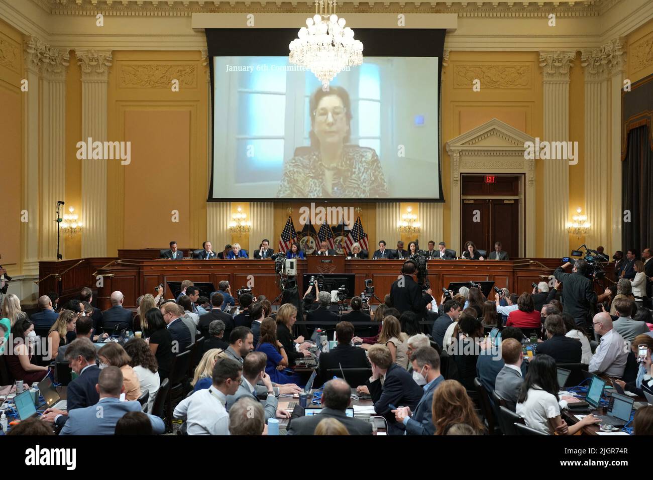 A video of Sidney Powell is shown on a screen during the House Select Committee investigating the Jan. 6 attack’s hearing on Capitol Hill, in Washington, DC, USA, on Tuesday, July, 12, 2022. Photo by Doug Mills/Pool/ABACAPRESS.COM Stock Photo
