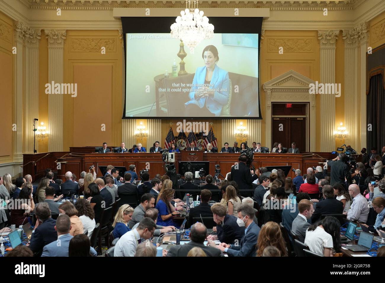A video of Cassidy Hutchinson is shown on a screen during the House Select Committee investigating the Jan. 6 attack’s hearing on Capitol Hill, in Washington, DC, USA, on Tuesday, July, 12, 2022. Photo by Doug Mills/Pool/ABACAPRESS.COM Stock Photo