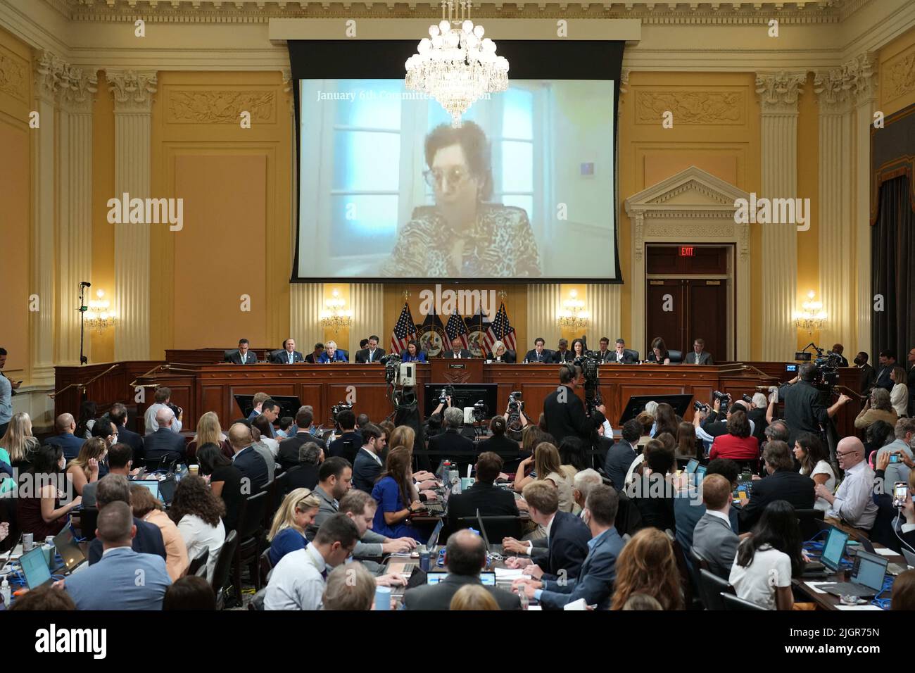 A video of Sidney Powell is shown on a screen during the House Select Committee investigating the Jan. 6 attack’s hearing on Capitol Hill, in Washington, DC, USA, on Tuesday, July, 12, 2022. Photo by Doug Mills/Pool/ABACAPRESS.COM Stock Photo