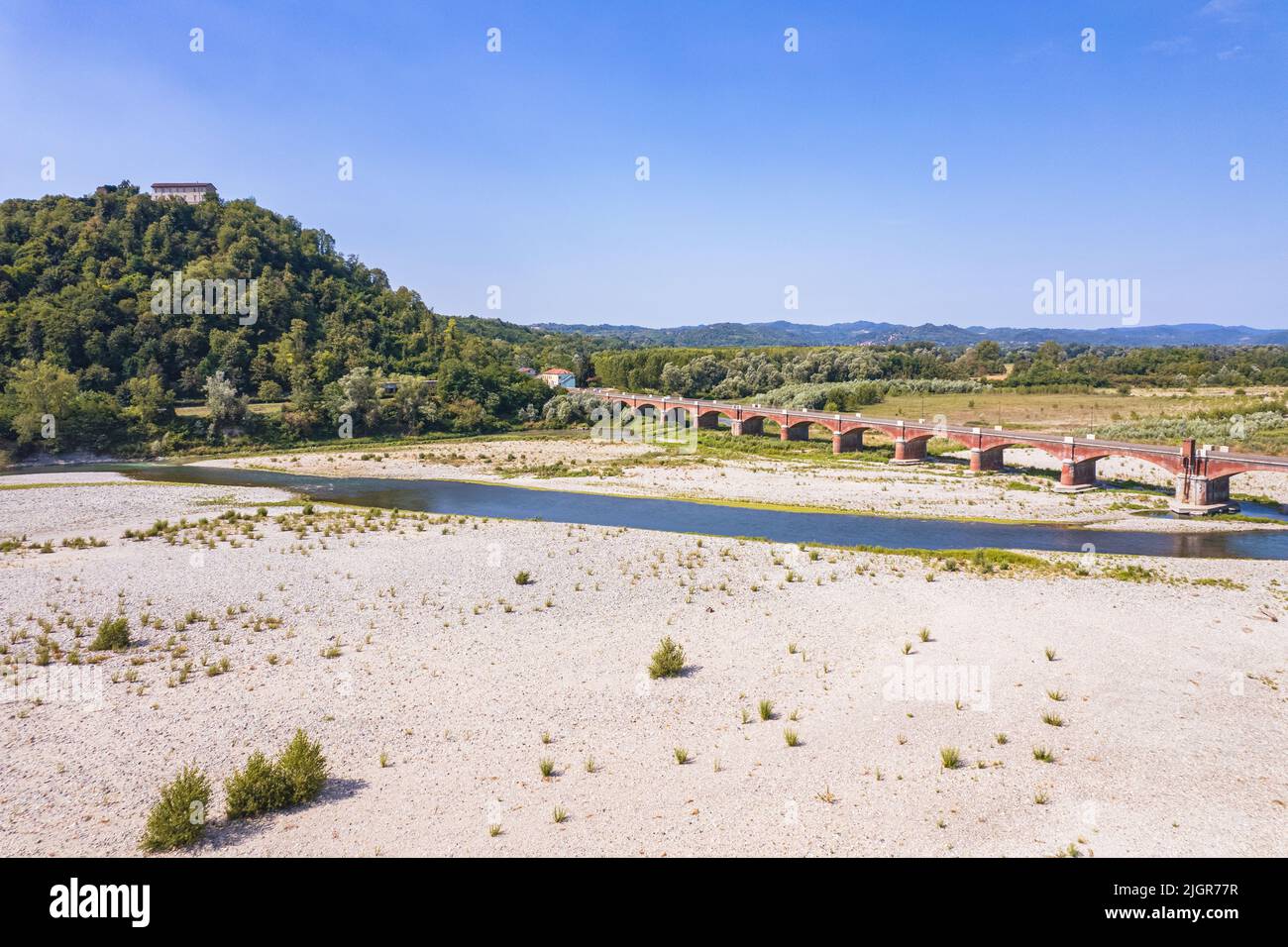 Unprecedented drought in the Po River due to long lack of rainfall. Verrua Savoia, Italy - July 2022 Stock Photo