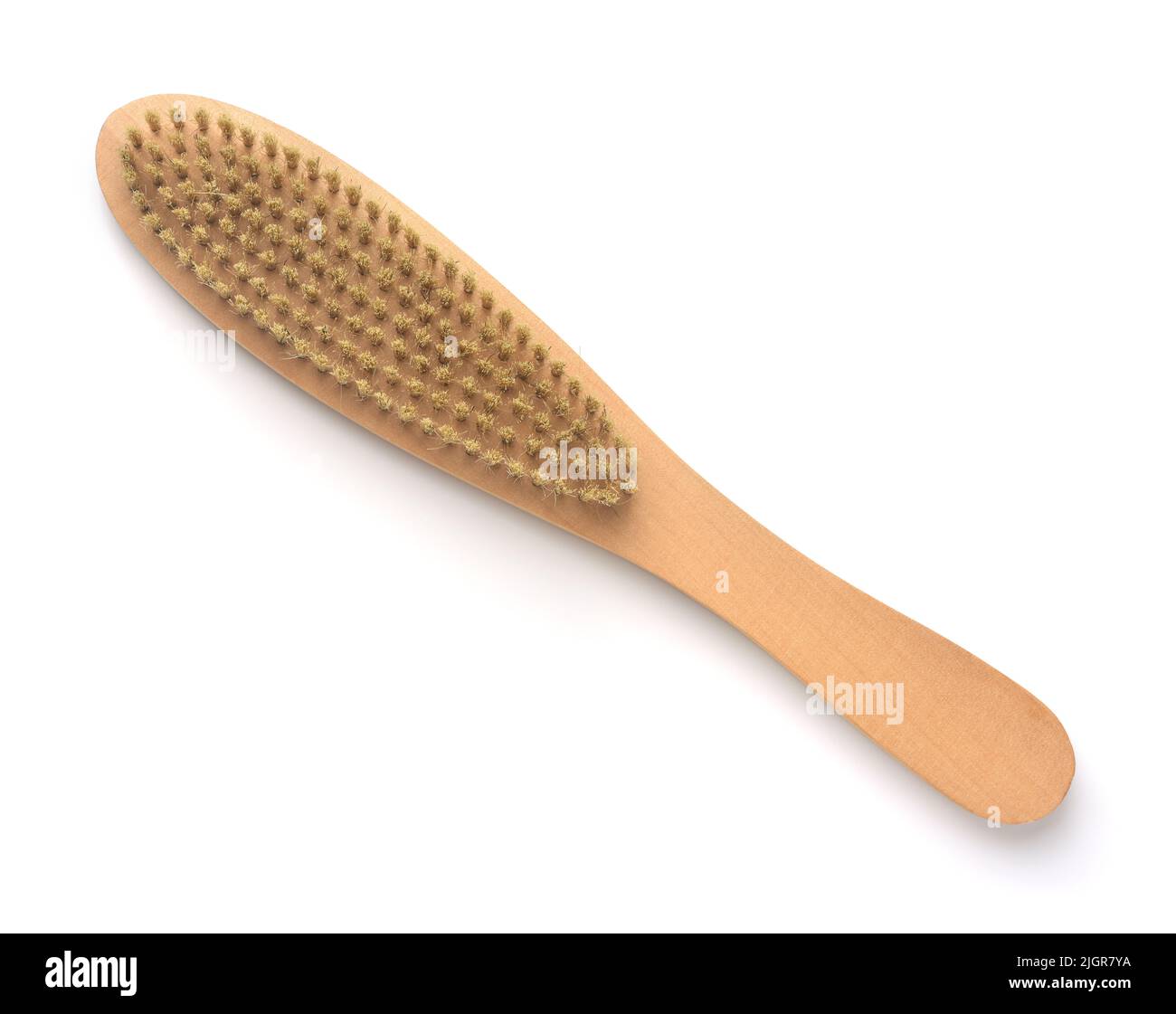 Top view of natural bristle clothes wooden brush  isolated on white Stock Photo