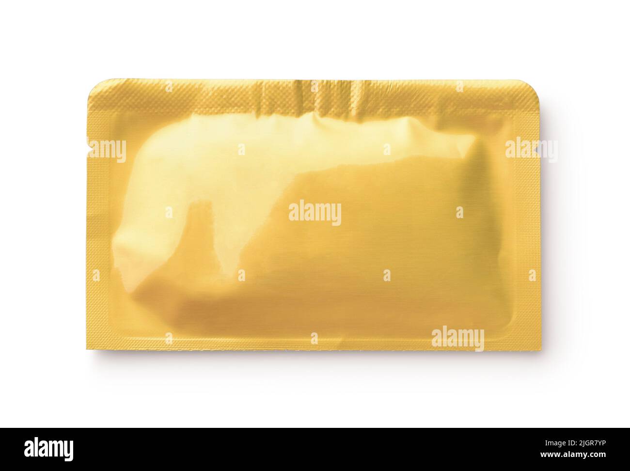 Front view of golden sealed cosmetic sachet isolated on white Stock Photo