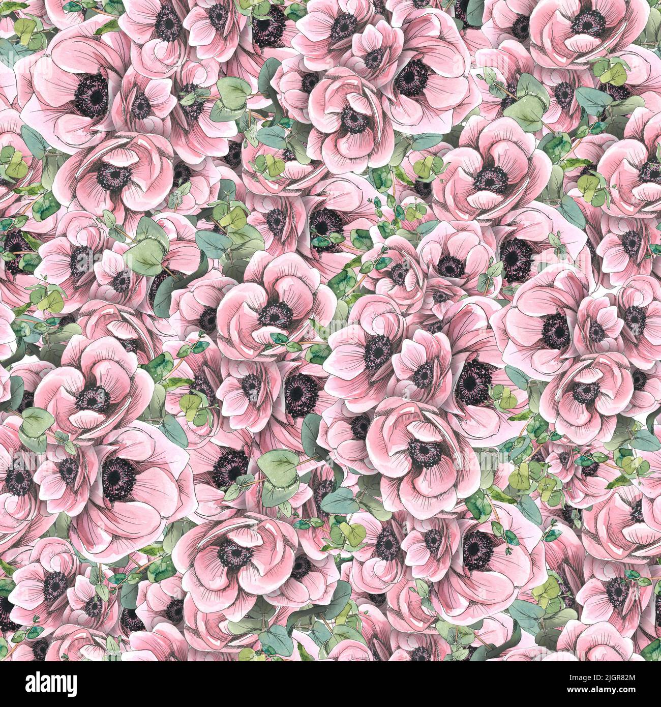 Pink anemones with eucalyptus twigs. Watercolor illustration in sketch style with graphic elements. Seamless pattern from a large set of PARIS. For Stock Photo