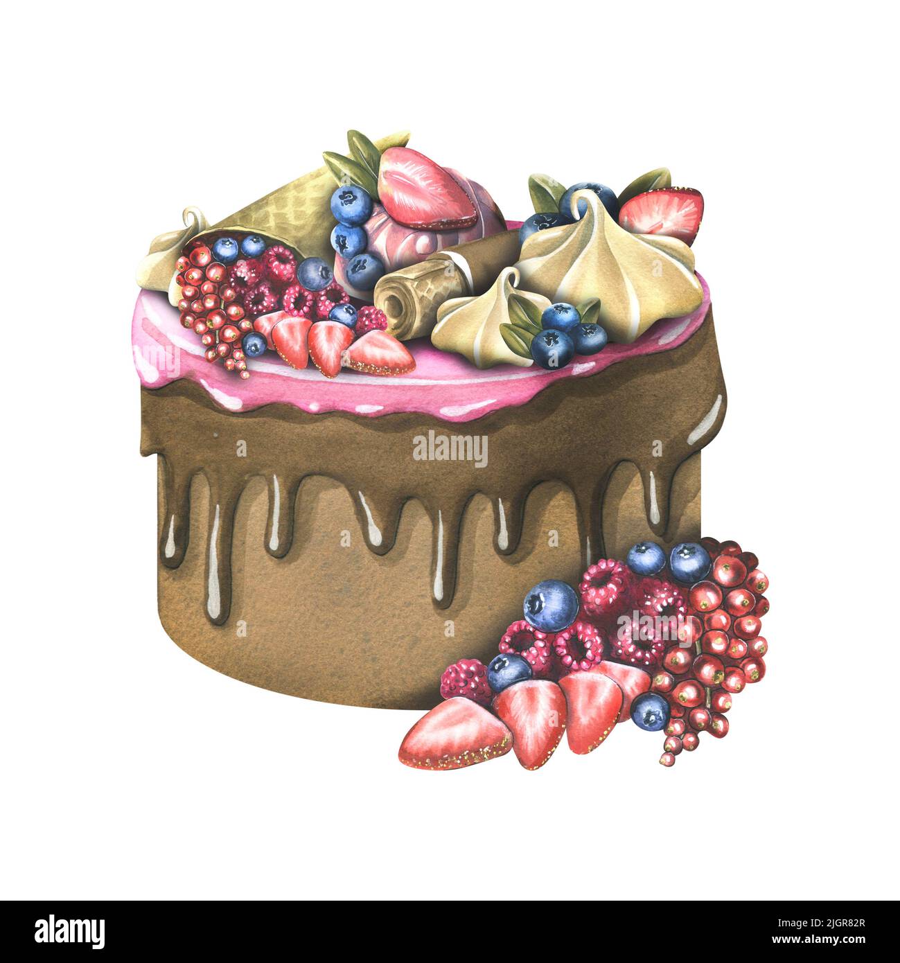 A large chocolate cake with icing, berries, waffles and meringue ...