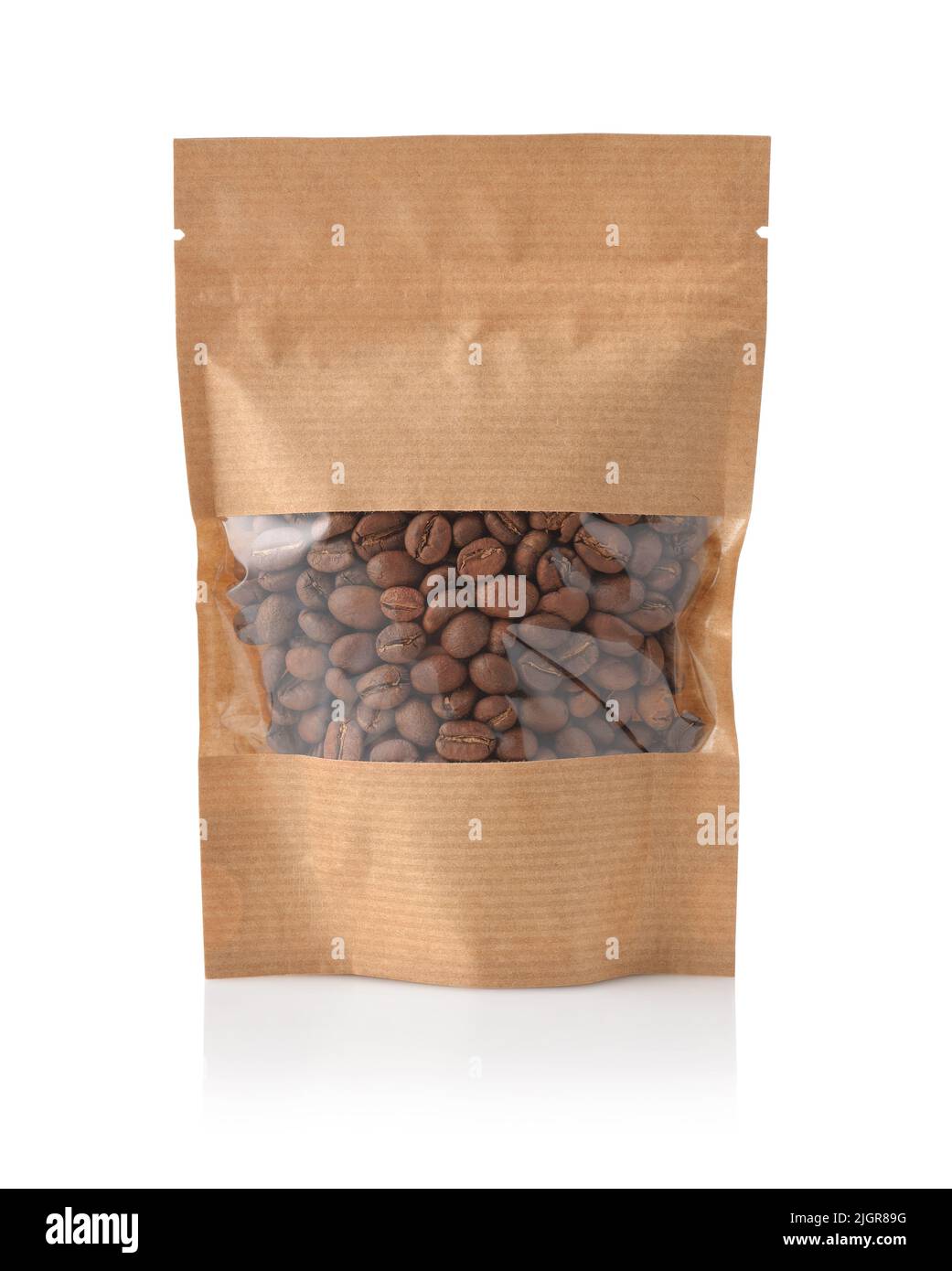 Front view of roasted coffee beans in paper bag isolated on white Stock Photo