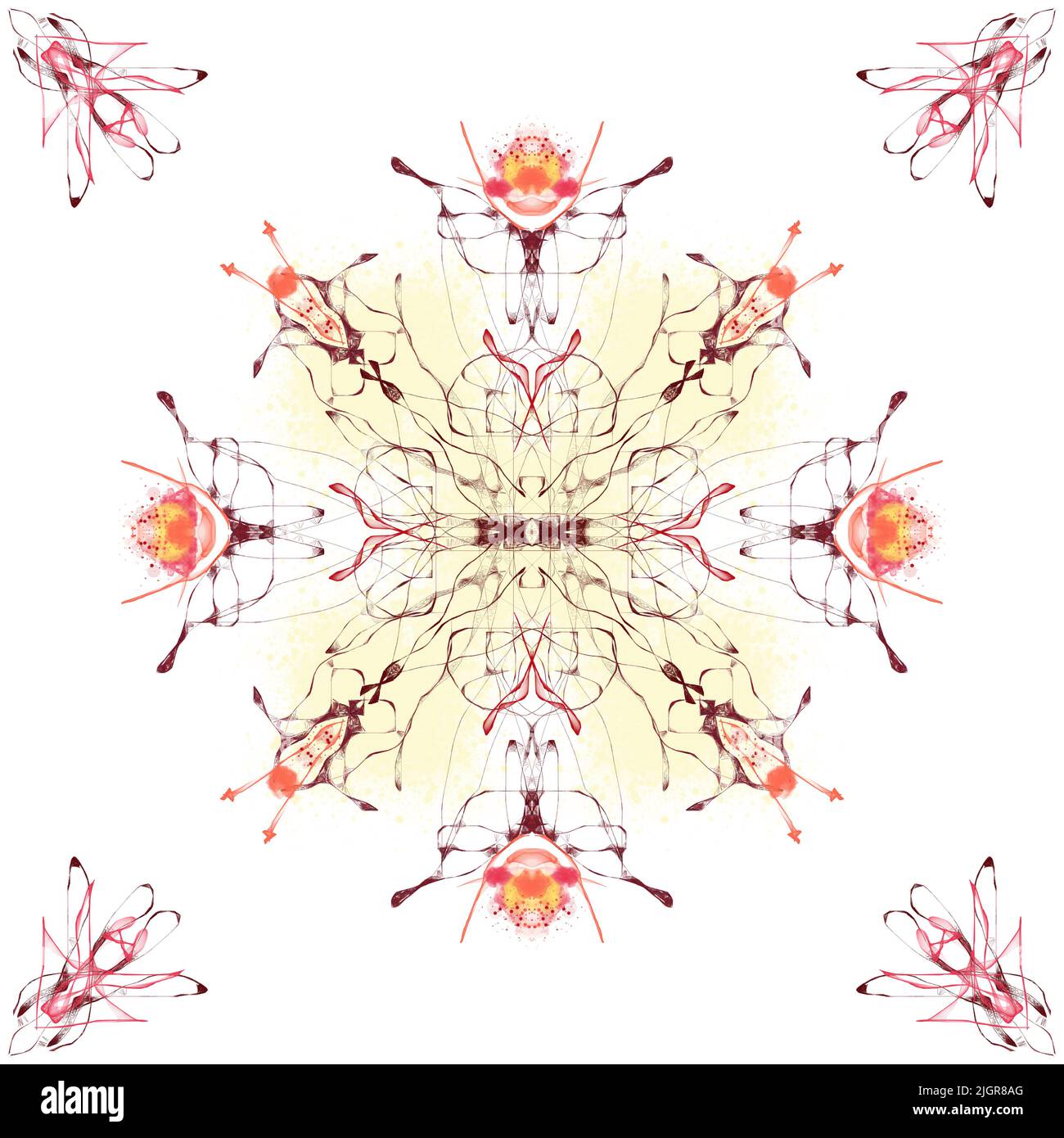 Chromatic pink or burgundy insect and flower isolated pattern on the centre of white squarish background. Stock Photo