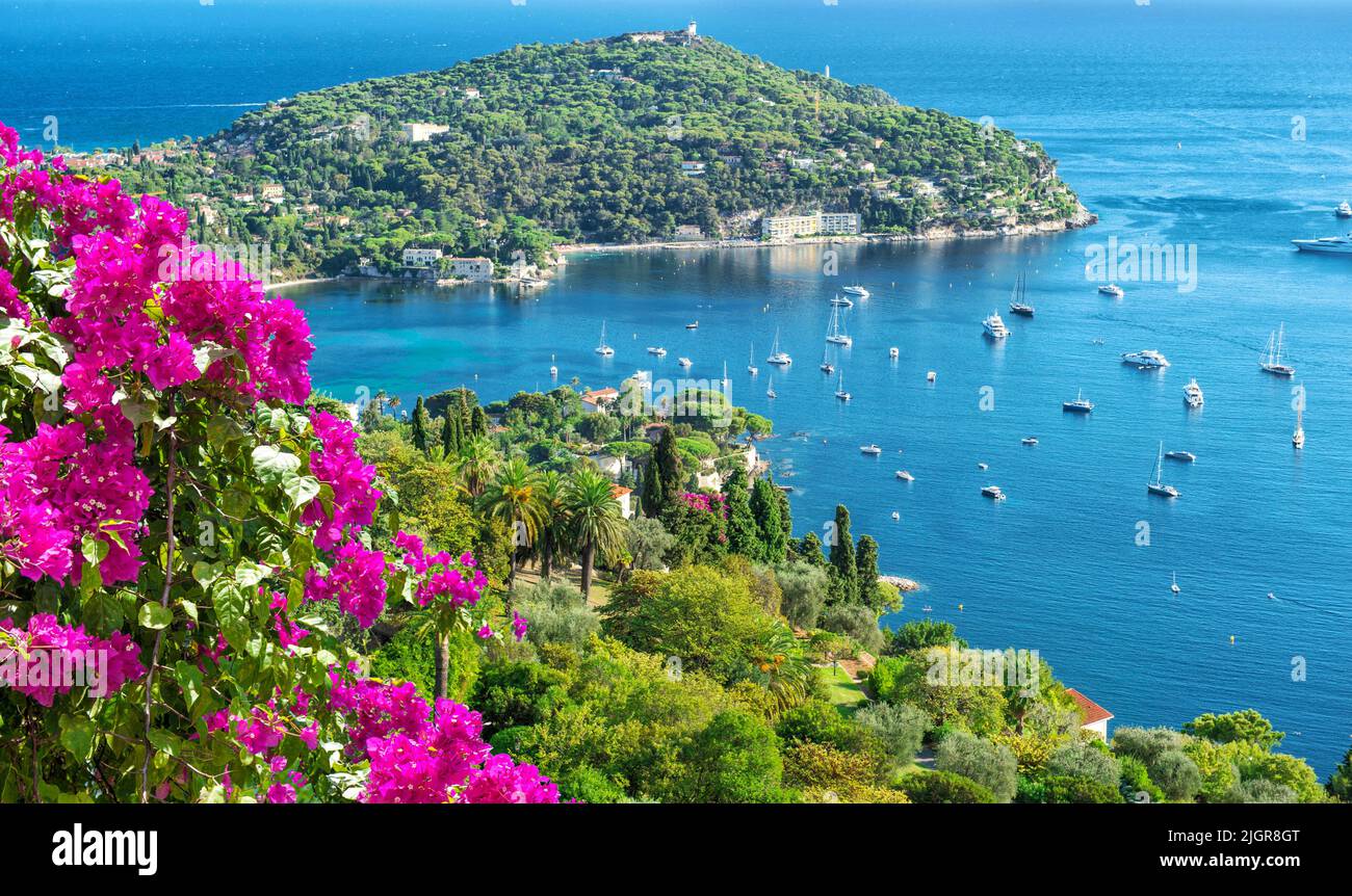 Summer holidays background with pink rhododendron flowers. Mediterranean sea landscape. Villefranche by Nice, French riviera Stock Photo