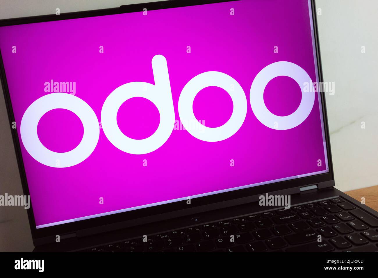 KONSKIE, POLAND - July 11, 2022: Odoo suite of business management software tools logo displayed on laptop computer screen Stock Photo