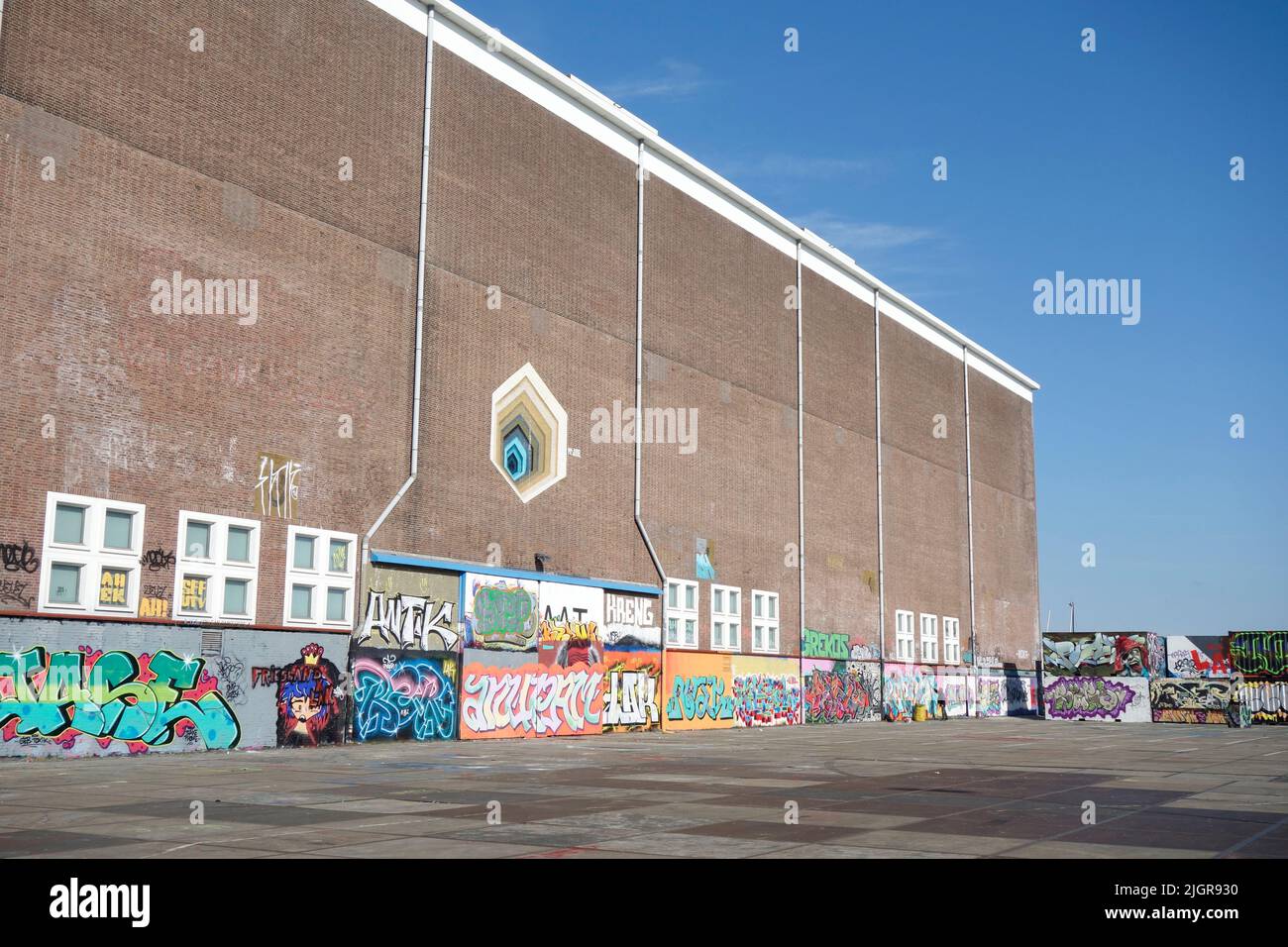NDSM Amsterdam street scene - a former shipping wharf area in north-west Amsterdam which is used as a space for artists, exhibitions and festivals Stock Photo