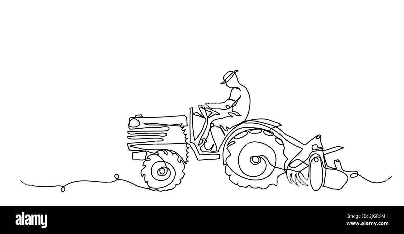 Tractor driver farmer, man. Vector background, banner, poster,agriculture machinery concept. One continuous line art drawing illustration tractor Stock Vector