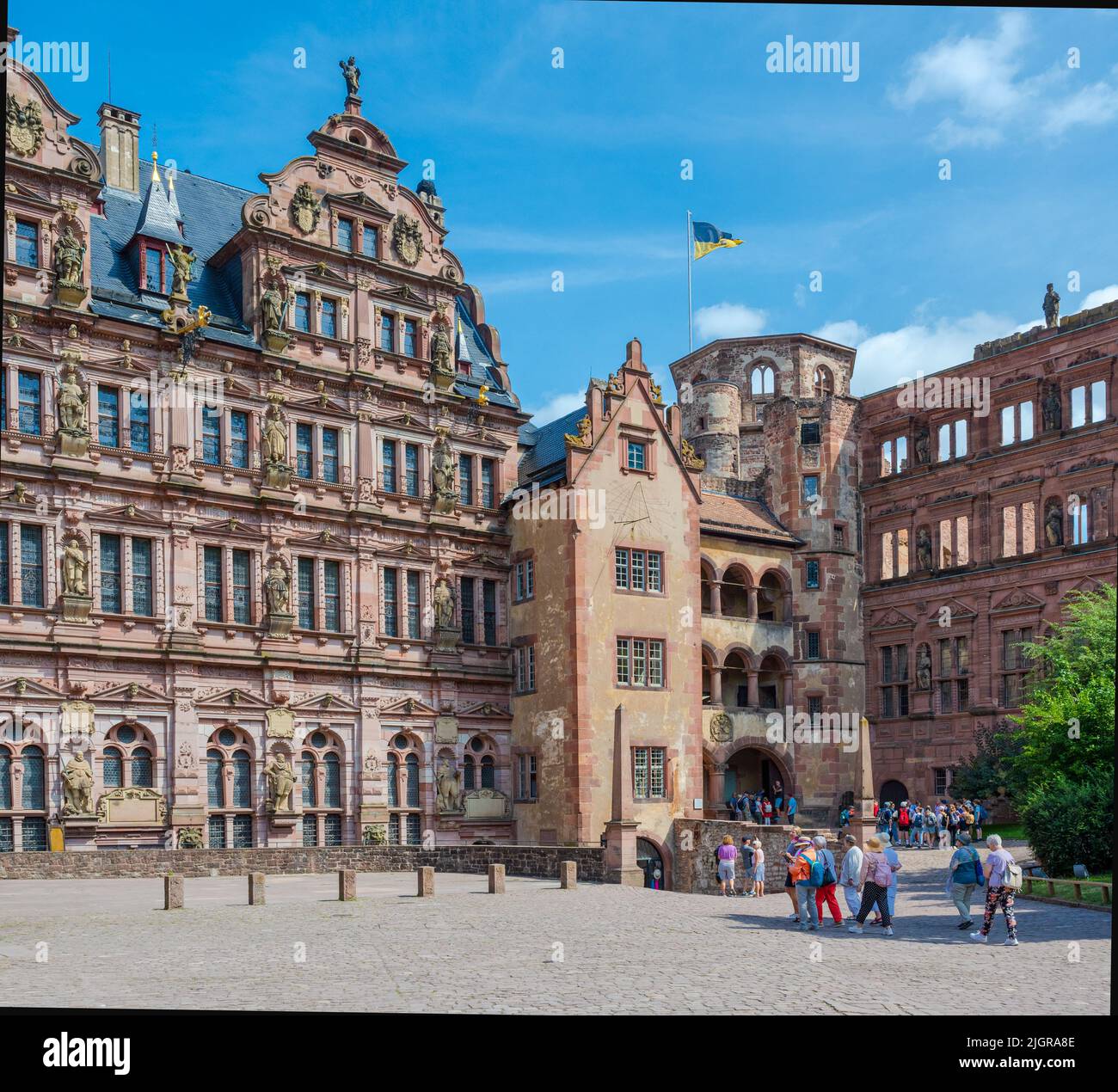 View of the Friedrich‘s building , glass hall and Ottheinrich‘s building (German Renaissance) of Heidelberg Castle from the patio. Baden Wuerttemberg, Stock Photo