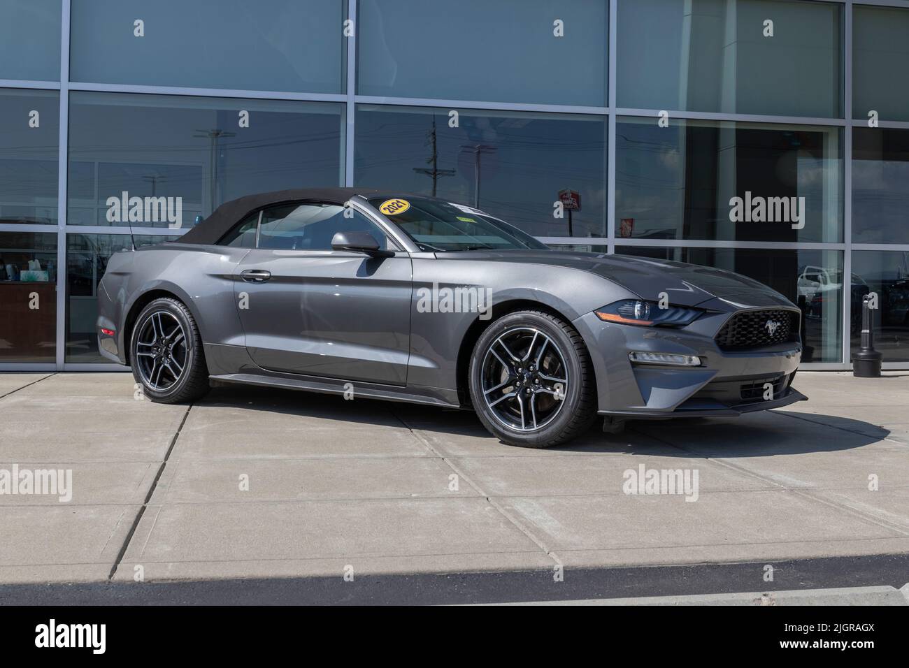 Harrison Circa July 2022 Used Ford Mustang display at a dealership. With supply issues, Ford