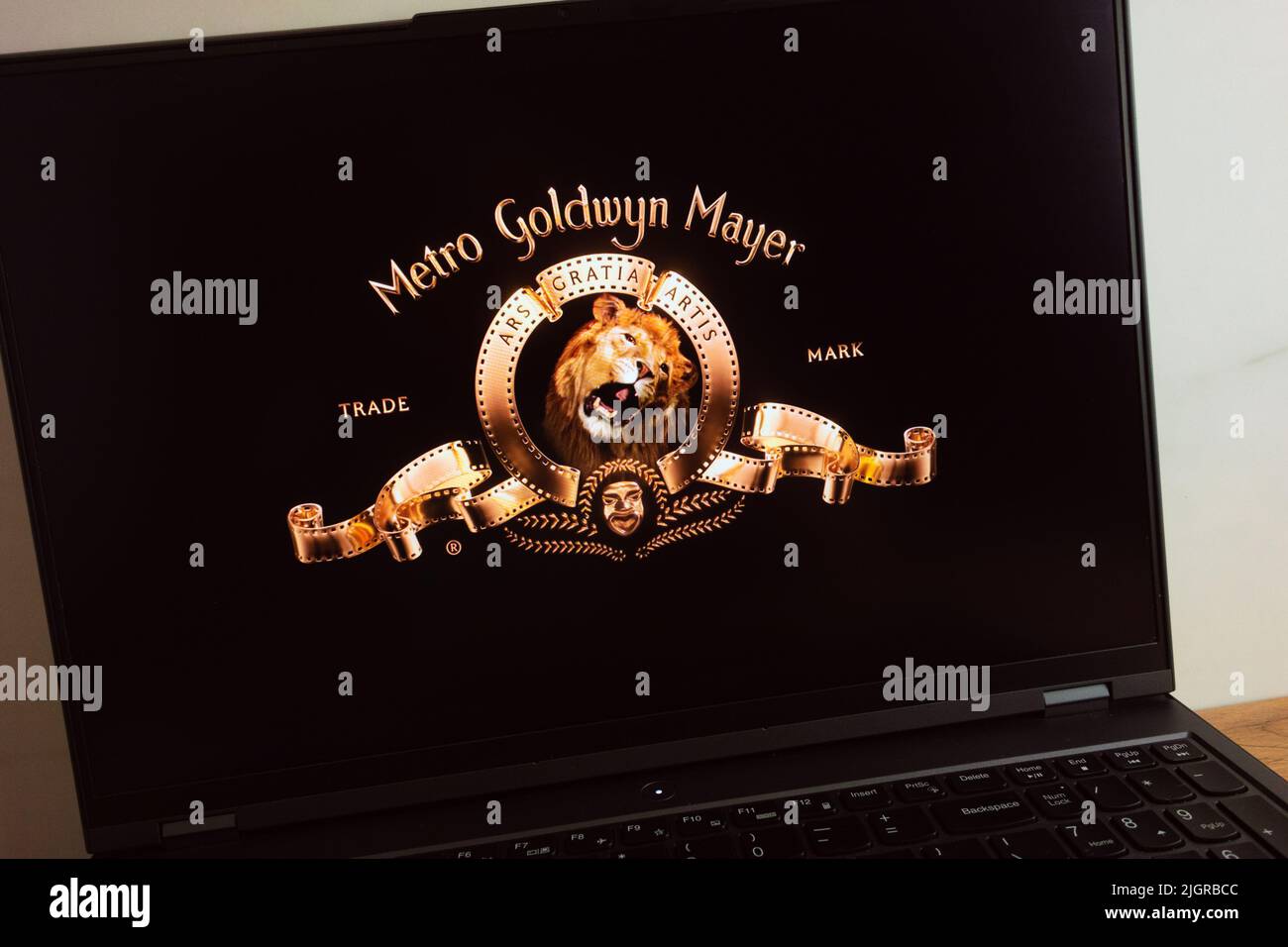 KONSKIE, POLAND - July 11, 2022: MGM Metro-Goldwyn Mayer Studios media company logo displayed on laptop computer screen Stock Photo