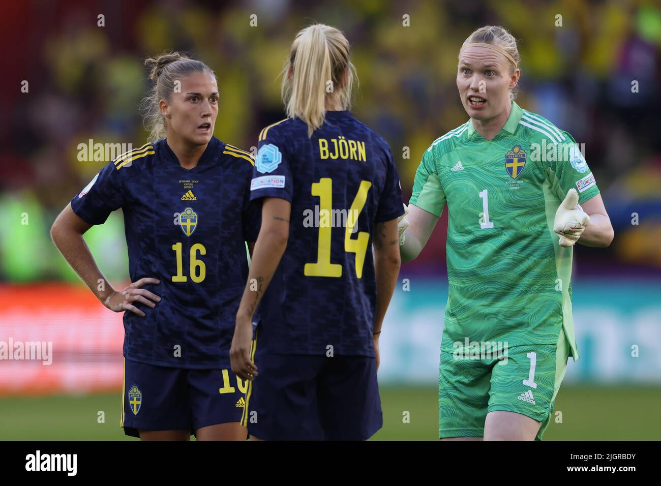 Sheffield, England, 9th July 2022. Hedvig Lindahl of Sweden discusses with team mates Nathalie Bjorn and Filippa Angeldal during the UEFA Women's European Championship 2022 match at Bramall Lane, Sheffield. Picture credit should read: Jonathan Moscrop / Sportimage Stock Photo