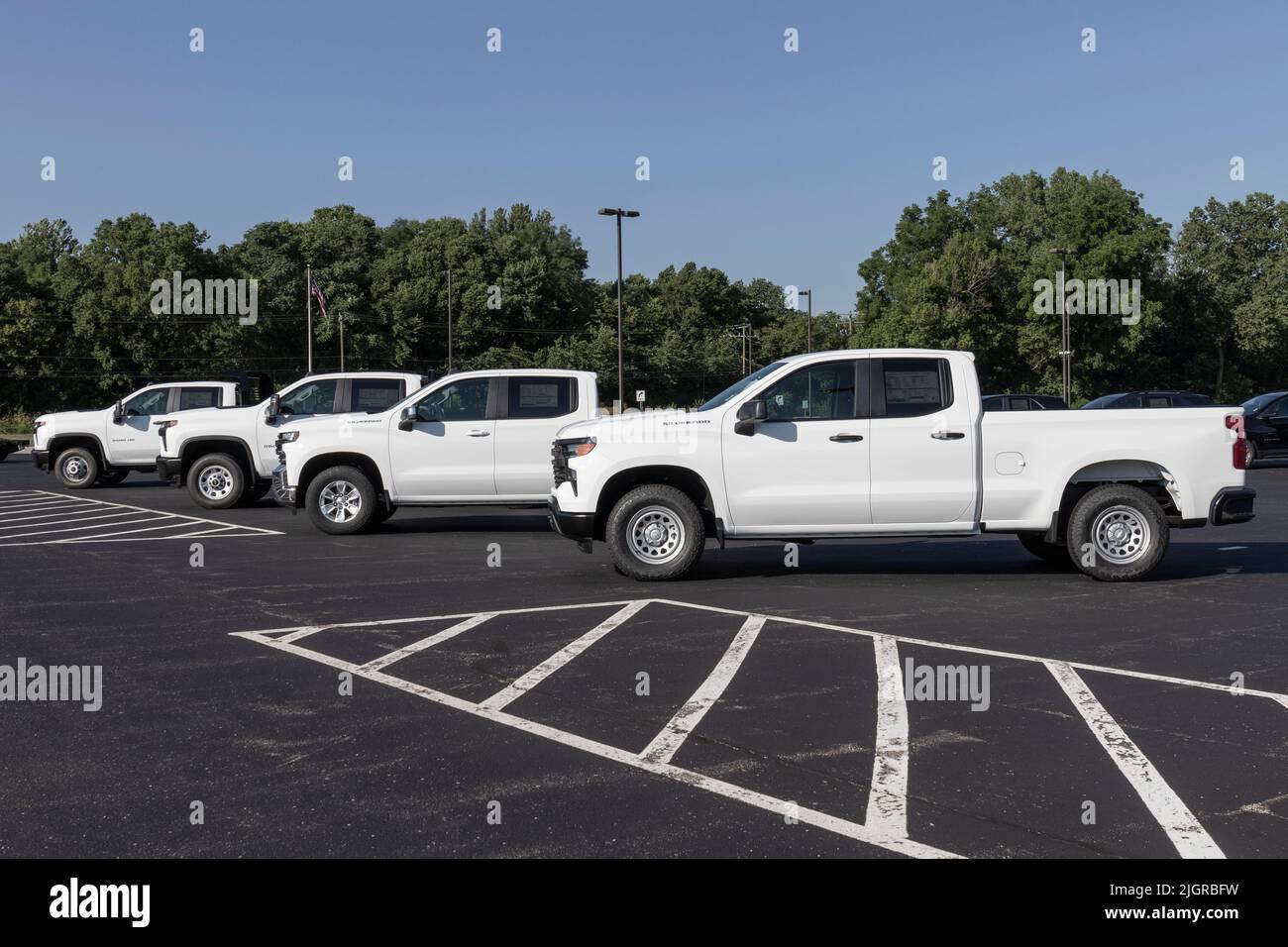 West Harrison - Circa July 2022: Chevrolet truck display. Chevy offers trucks in 1500, 2500, 3500, 4500 and 5500 models. Stock Photo