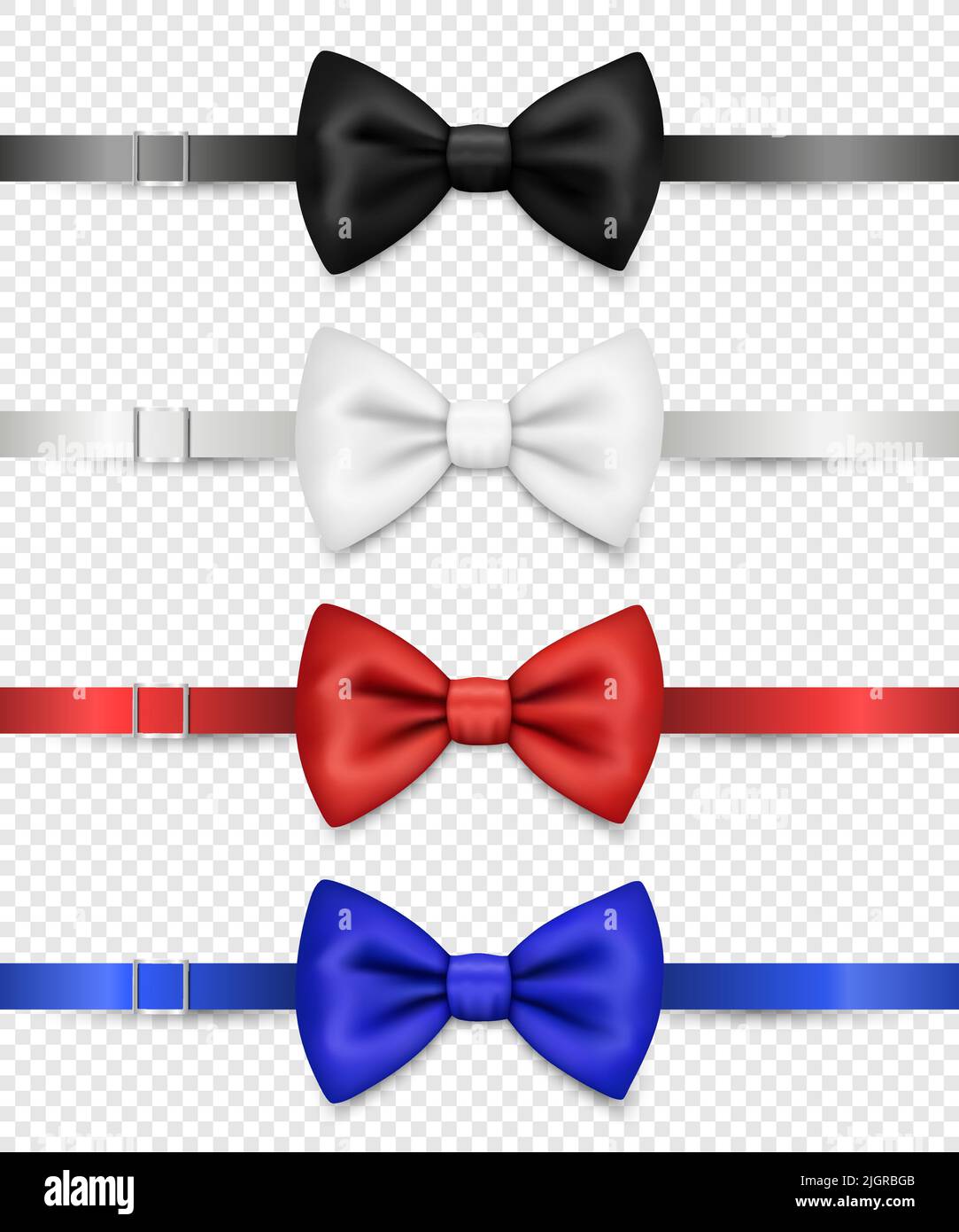 Vector 3d Realistic Black, White, Red, Blue Bow Tie with Ribbon, Clasp