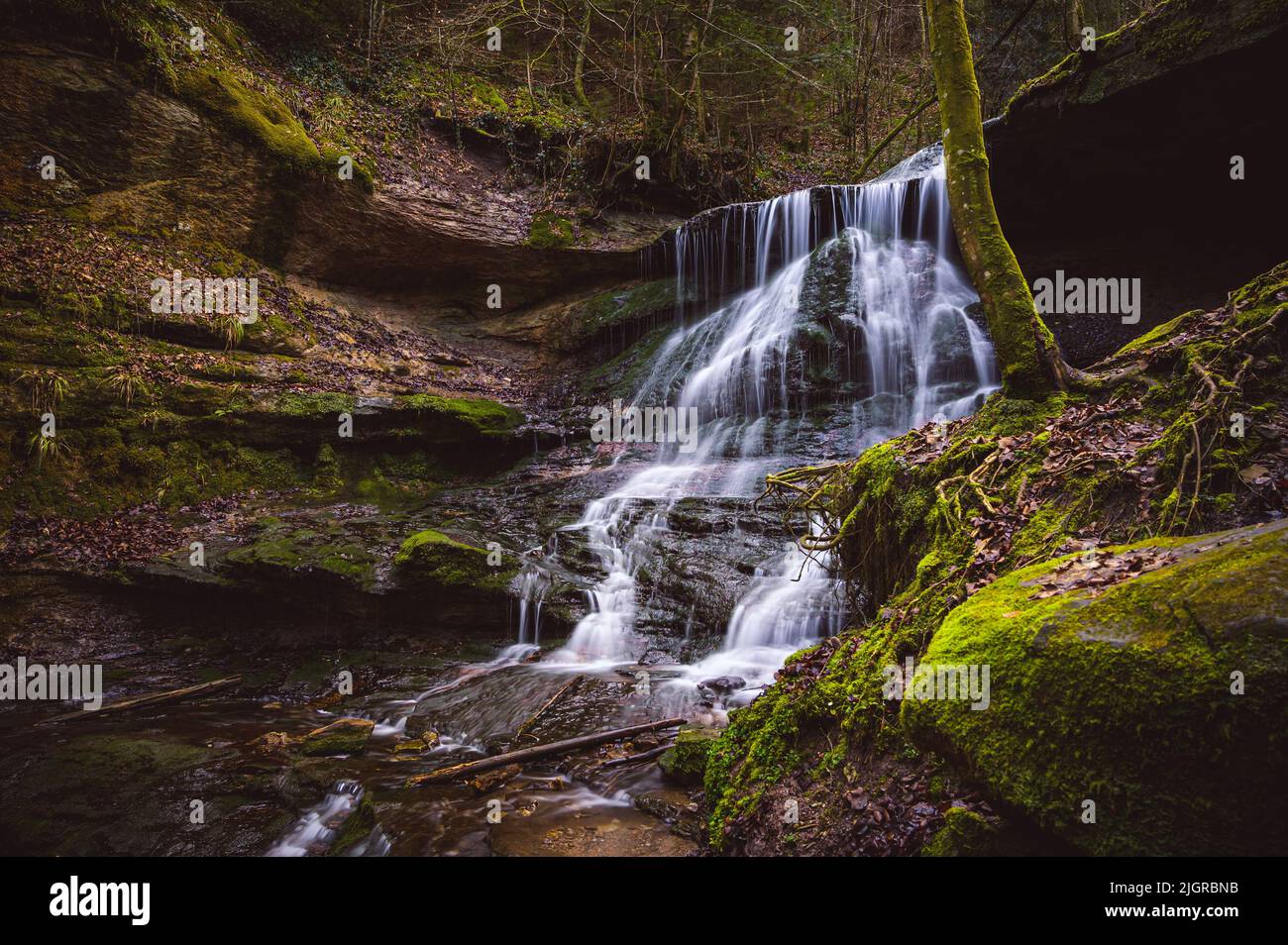 A small waterfall flowing over the rocks in the forest Stock Photo - Alamy