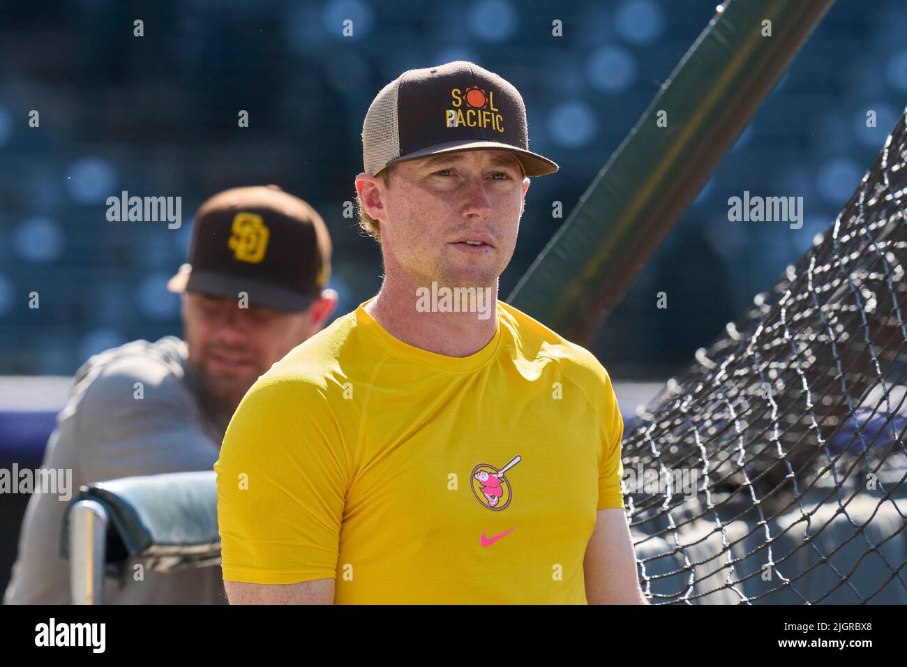 Denver CO, USA. 11th July, 2022. San Diego second baseman Jake Cronenworth  (9) during pregame game with San Diego Padres and Colorado Rockies held at  Coors Field in Denver Co. David Seelig/Cal