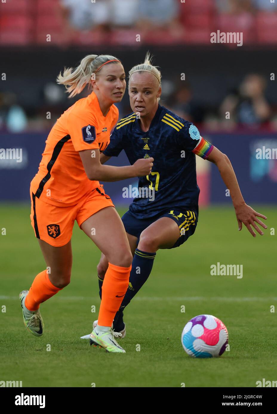 Sheffield, England, 9th July 2022. Jackie Groenen of Netherlands takes on Caroline Seger of Sweden during the UEFA Women's European Championship 2022 match at Bramall Lane, Sheffield. Picture credit should read: Jonathan Moscrop / Sportimage Stock Photo