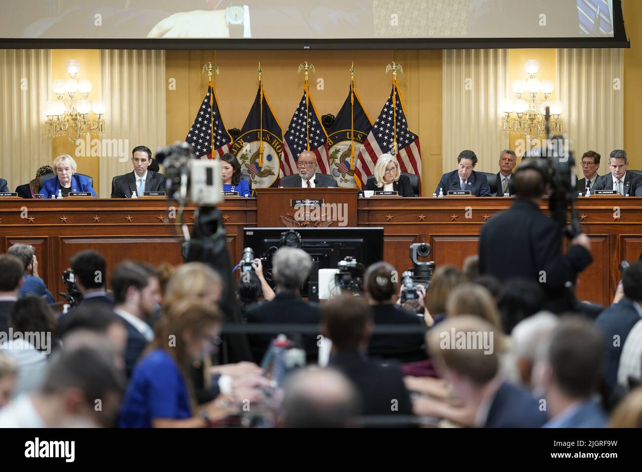 Washington, United States. 12th July, 2022. House Select Committee investigating the Jan. 6 attack led by Chairman Rep. Bennie Thompson (D-MS) and Vice Chairwoman Rep. Liz Cheney, R-WY, during a hearing on Capitol Hill on Tuesday, July, 12, 2022. Pool Photo by Doug Mills/UPI Credit: UPI/Alamy Live News Stock Photo
