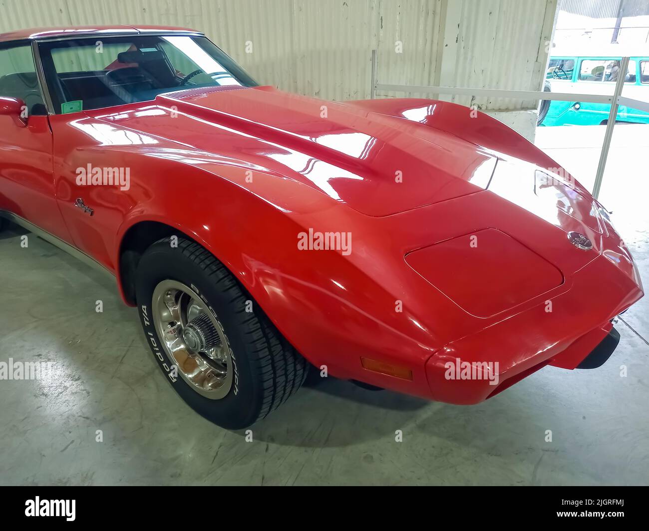 Old red sport Chevrolet Corvette C3 Stingray two door coupe 1968 - 1976 by GM. Classic racing muscle car. Expo Fierro 2022. Stock Photo