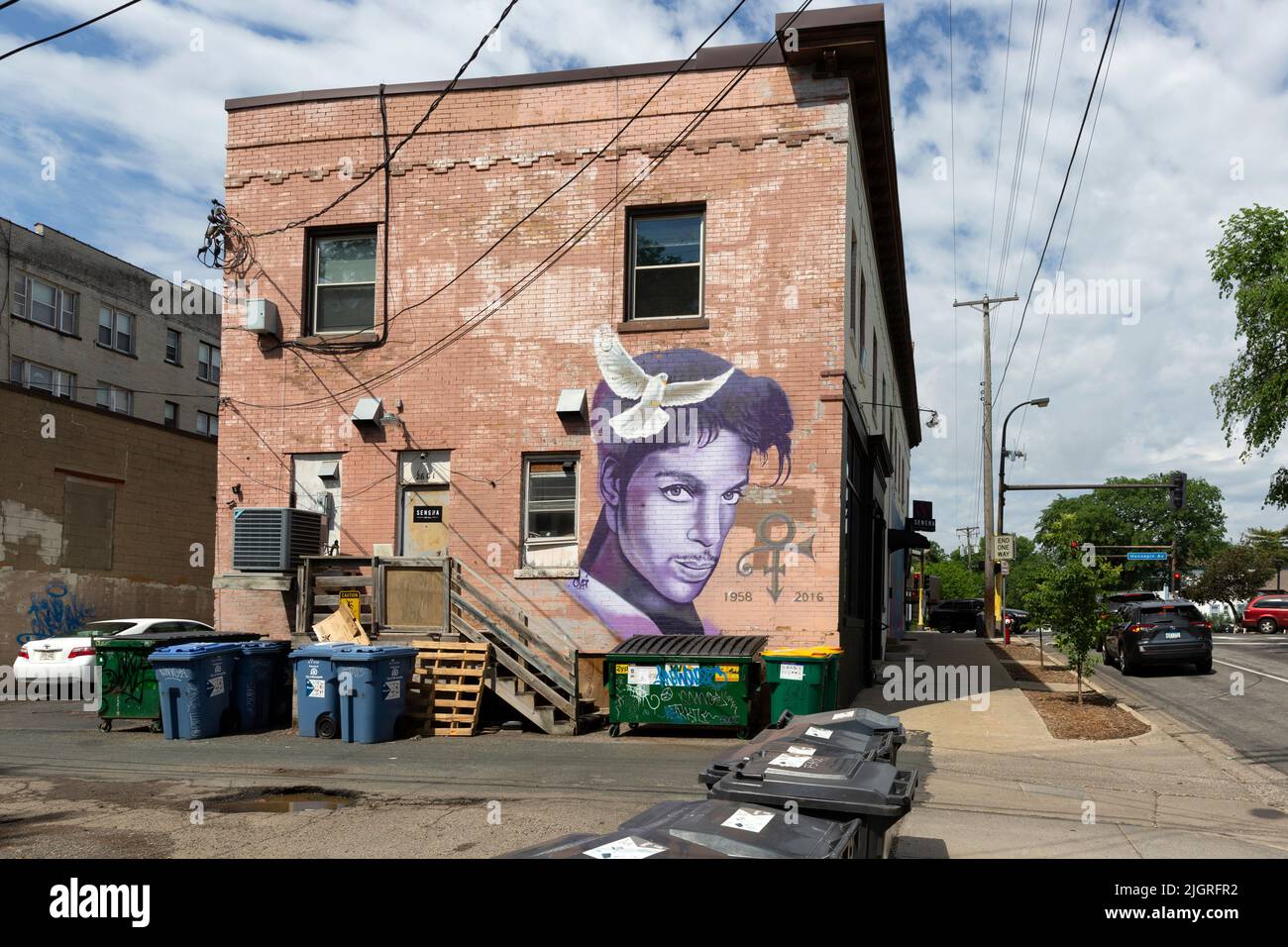 Spray painted mural portrait of American singer, songwriter, musician, record producer, dancer, and actor Prince in Uptown Minneapolis, Minnesota. Stock Photo