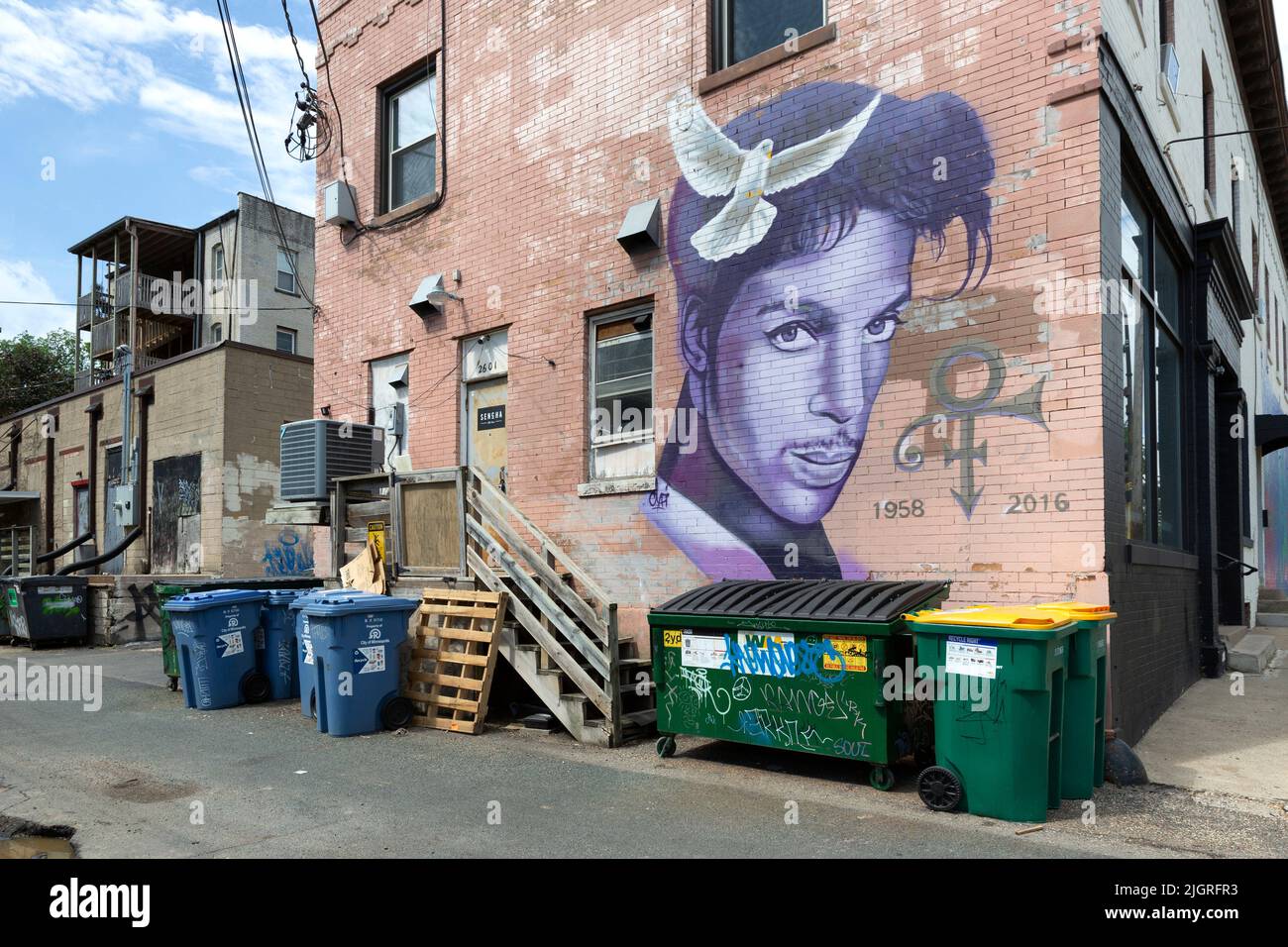 Spray painted mural portrait of American singer, songwriter, musician, record producer, dancer, and actor Prince in Uptown Minneapolis, Minnesota. Stock Photo