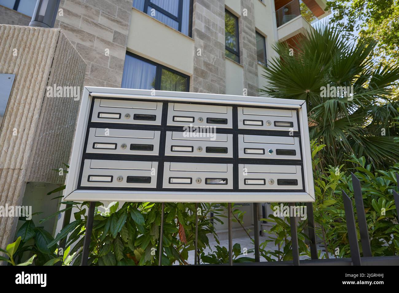 Mailboxes for a modern residential apartments building. Stock Photo
