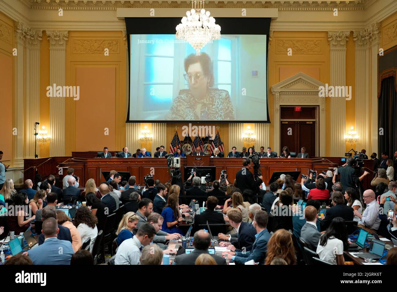 Washington, DC, July 12, 2022, POOL REMOTE - A video of Sidney Powell is shown on a screen during the House Select Committee investigating the Jan. 6 attacks hearing on Capitol Hill, Tuesday, July, 12, 2022. Credit: Doug Mills/Pool via CNP Stock Photo