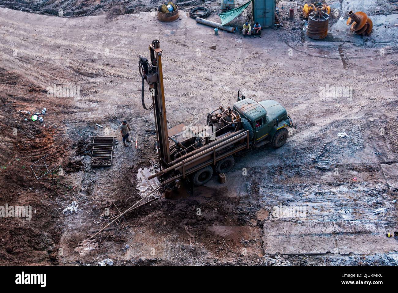 Perm, Russia - July 08, 2022: mobile drilling rig mounted on a truck during operation, top view Stock Photo