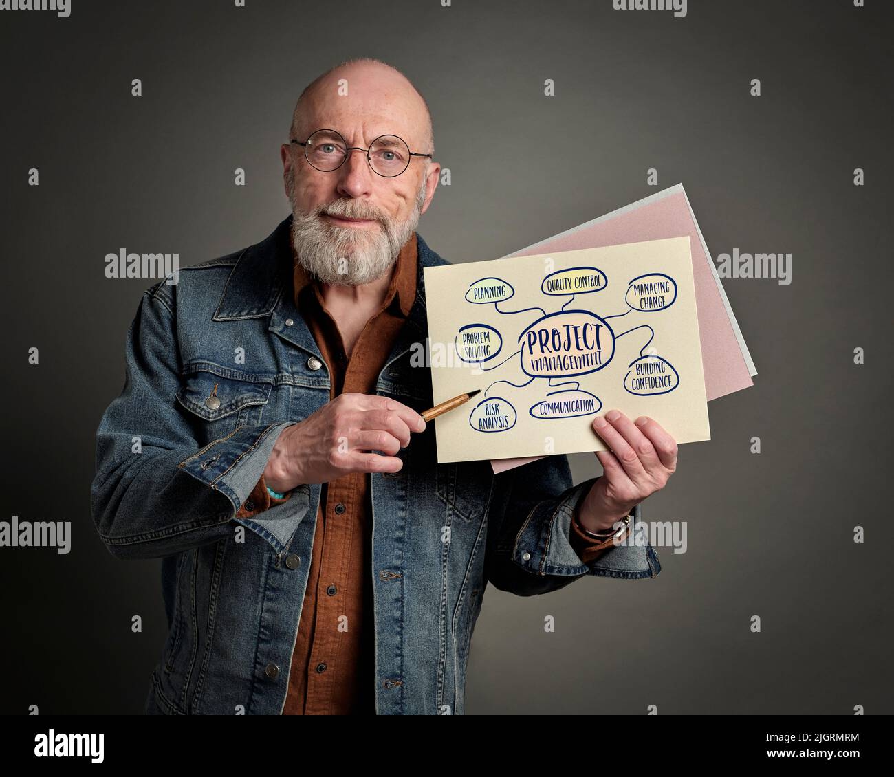 senior businessman, teacher or mentor is explaining project management