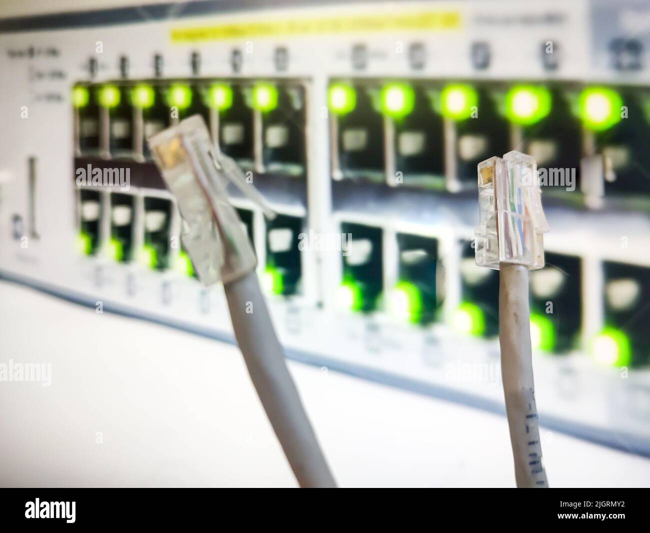 RJ45 cable tops in front of a switchboard. RJ45 Pins are used in a