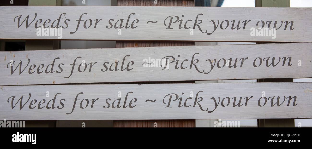 Light-hearted signs for sale in the plant centre in Nymans Gardens, West Sussex, UK Stock Photo