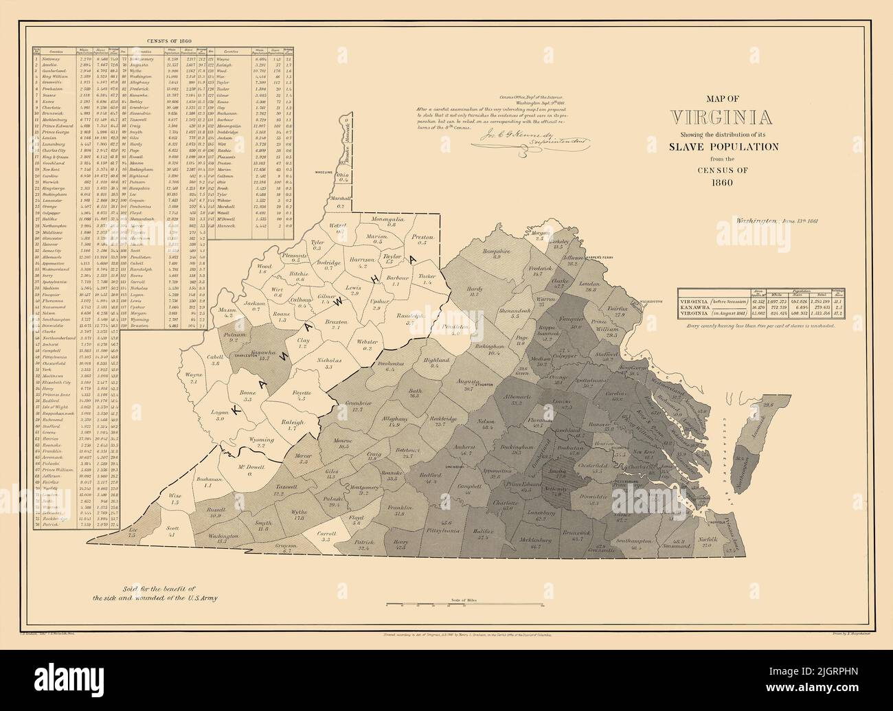 Restored, enhanced reproduction of an 1861 antique map. Original title: Map of Virginia showing the distribution of its slave population from the census of 1860. Shows the state divided into counties with the percentage of slaves in each county. West Virginia is labeled 'Kanawha,' the name of the  proposed state at the time. Stock Photo