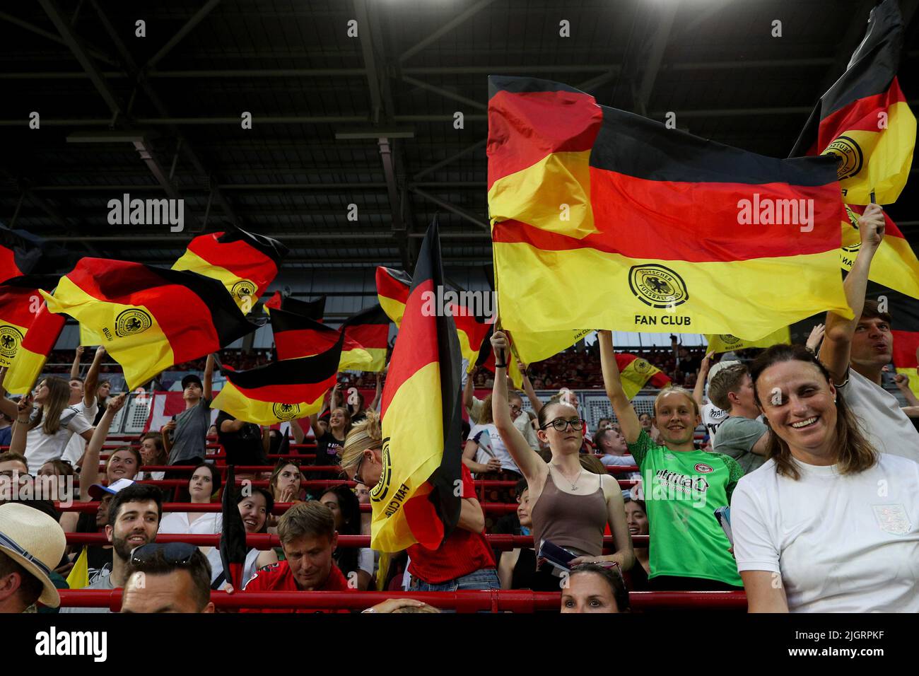 Brentford, London, 12th July 2022, Community Stadium, Brentford, London, England: Womens European International football tournament; German fans celebrate after Alexandra Popp of Germany celebrates after scored her sides 2nd goal in the 36th minute to make it 2-0 Stock Photo