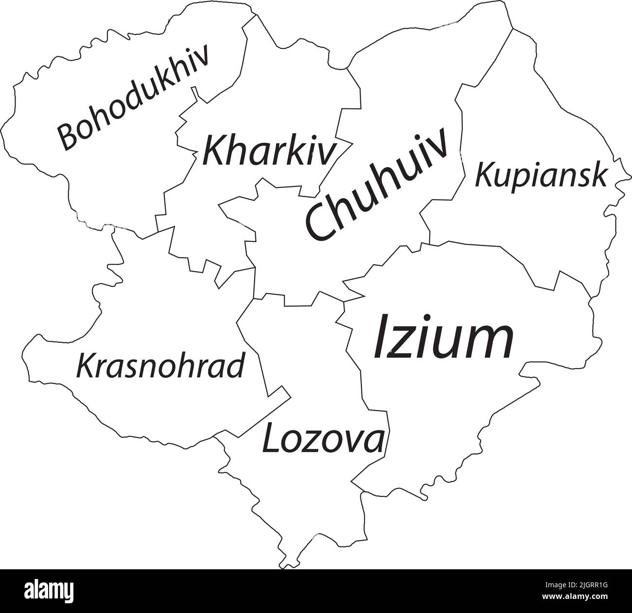 White tagged map of raions of the KHARKIV OBLAST, UKRAINE Stock Vector